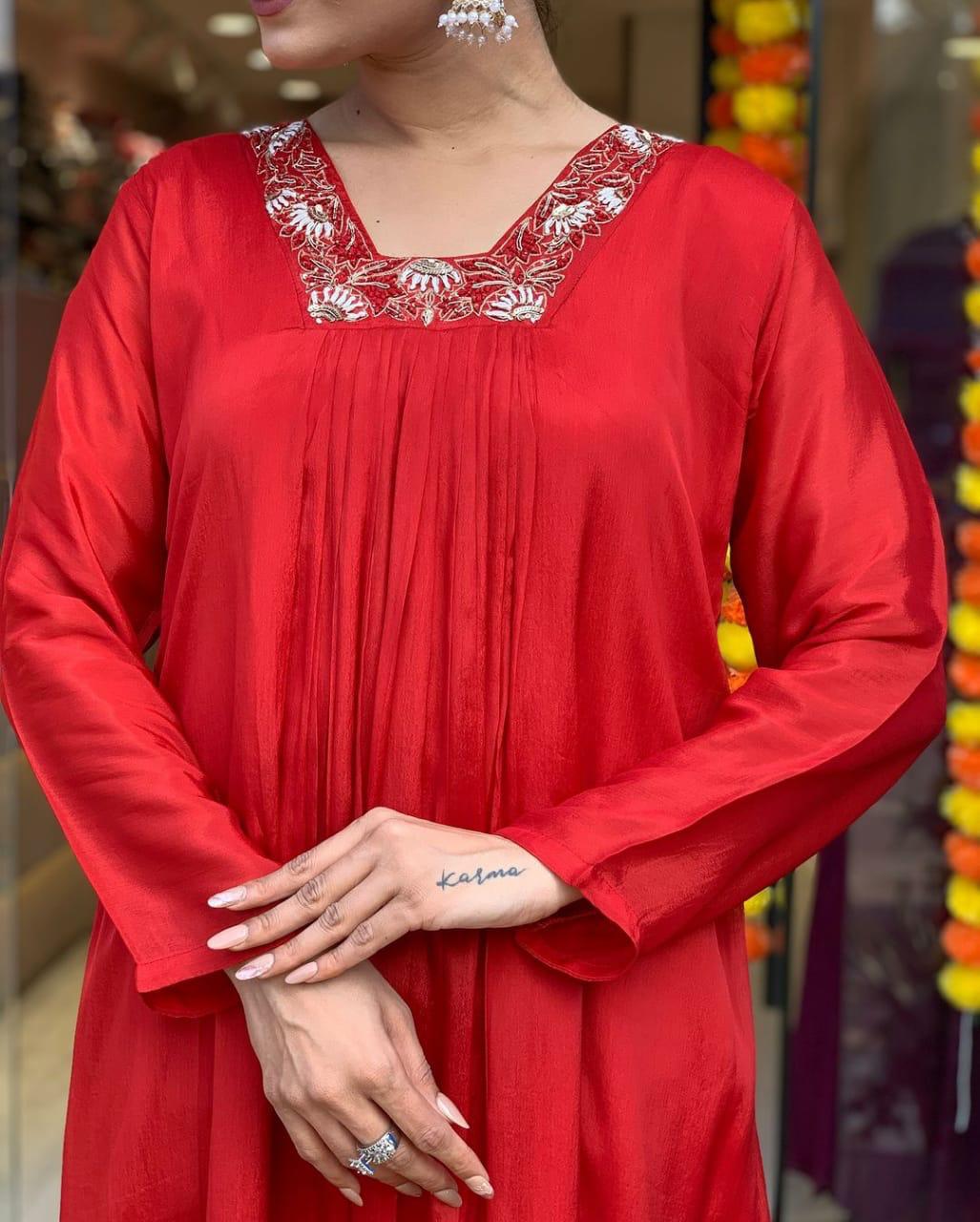 Red and White Embroidered Kurta Set