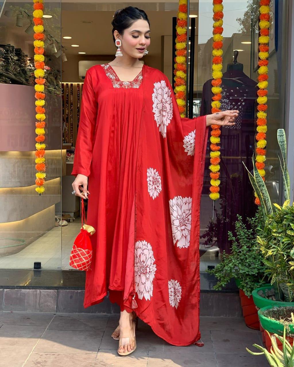 Red and White Embroidered Kurta Set