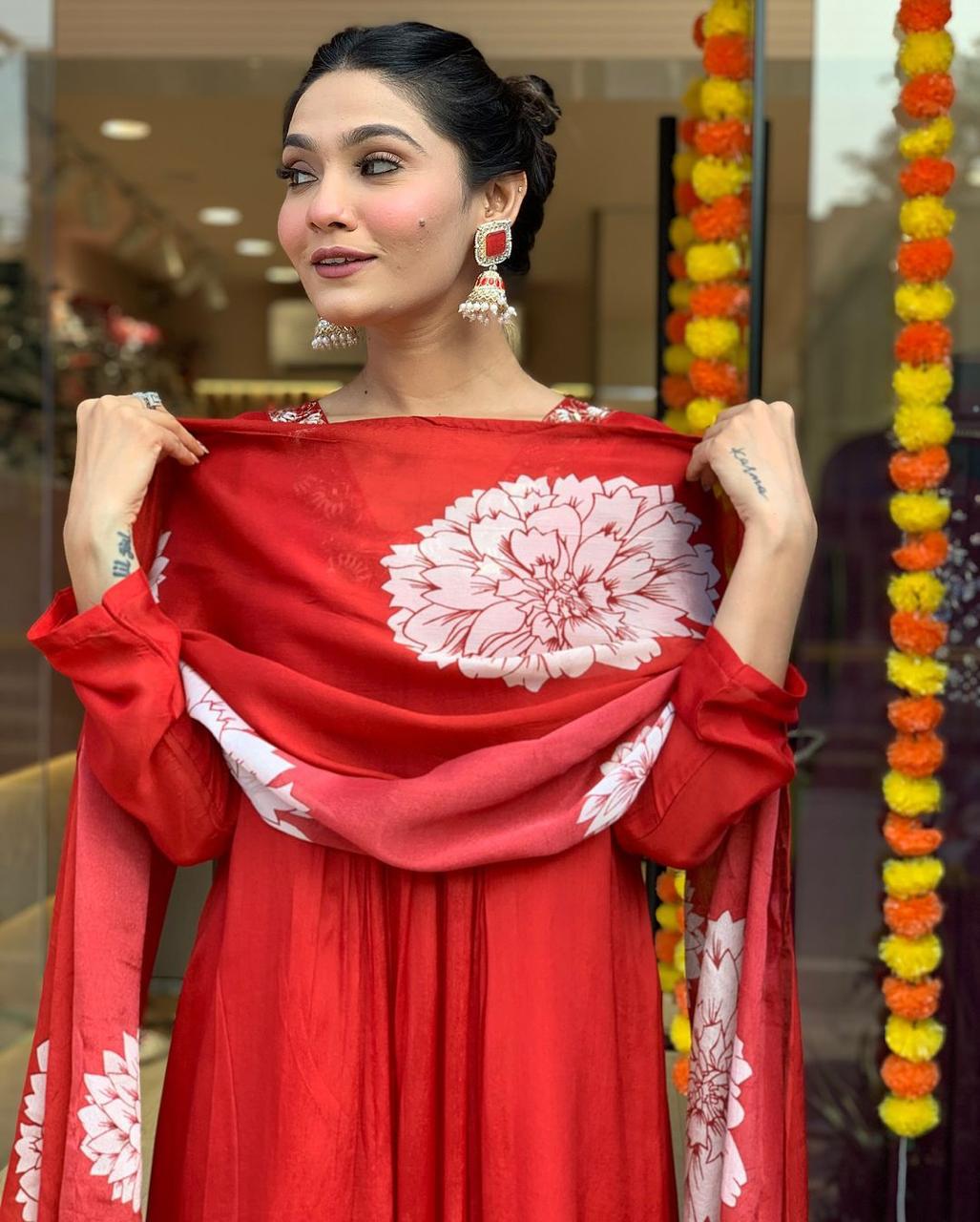 Red and White Embroidered Kurta Set