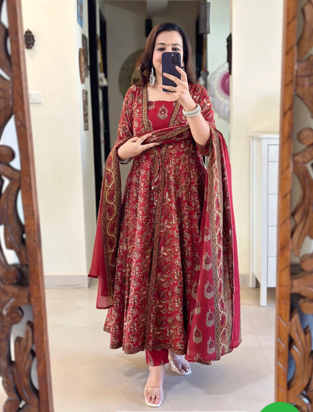 Red Printed Jacket Style kurta Set