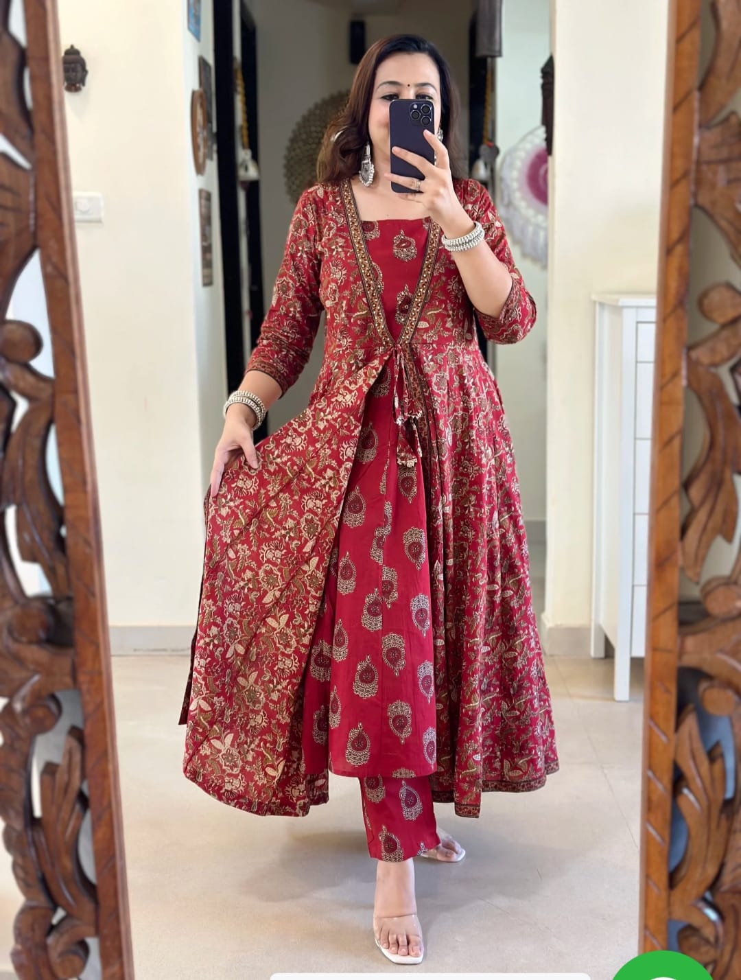 Red Printed Jacket Style kurta Set