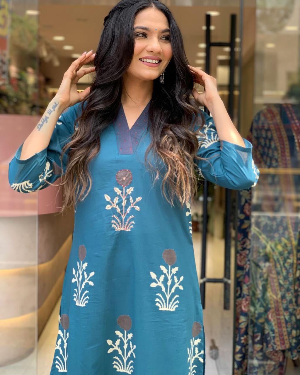Blue Handblock Kurta Set