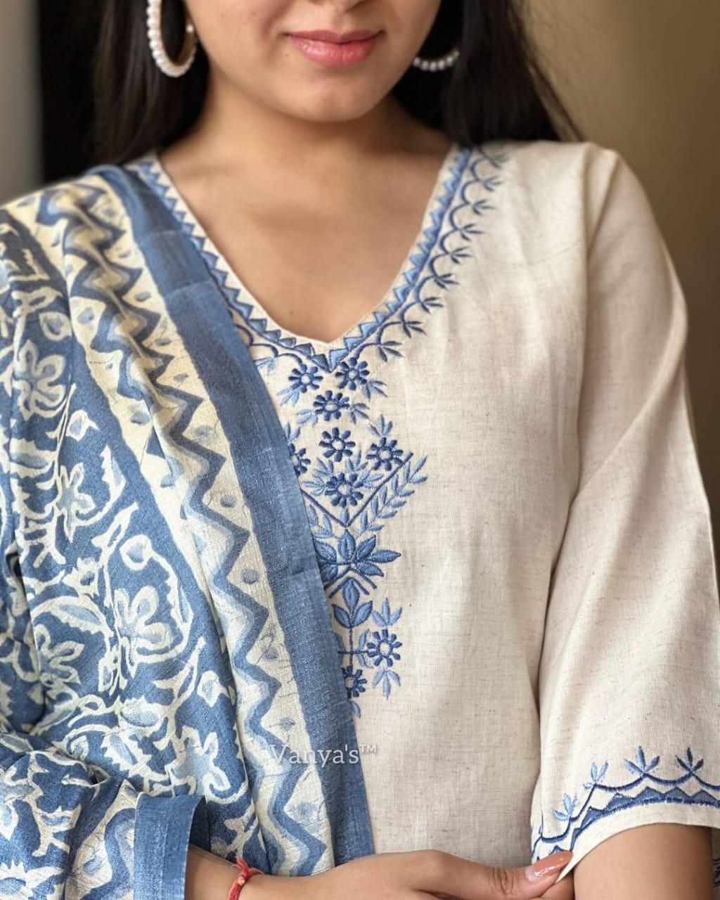 White Handloom Cotton Embroidered Kurta Set