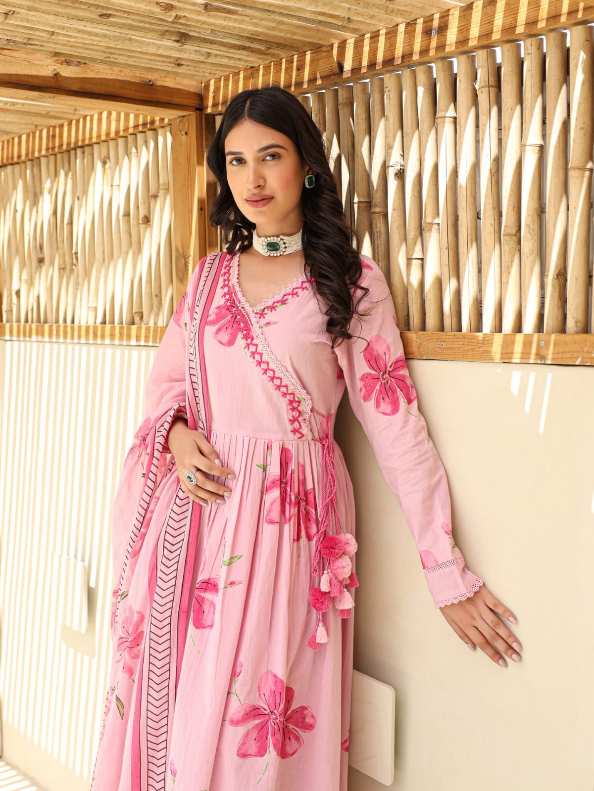 Pink Angrakha Style Kurta Set with Dupatta
