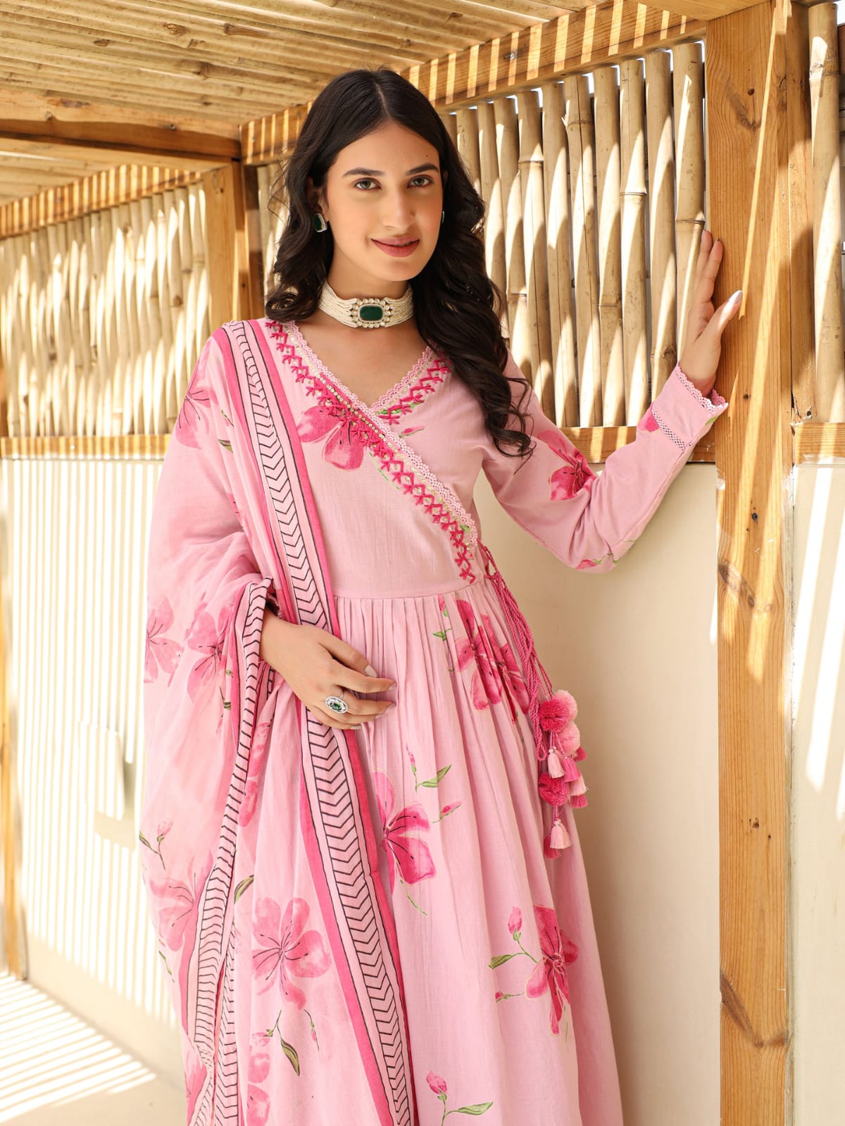 Pink Angrakha Style Kurta Set with Dupatta