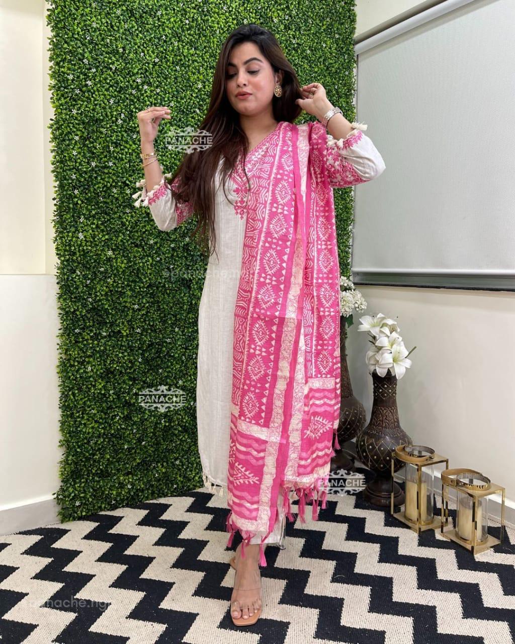 White Handloom Cotton Embroidered Kurta Set