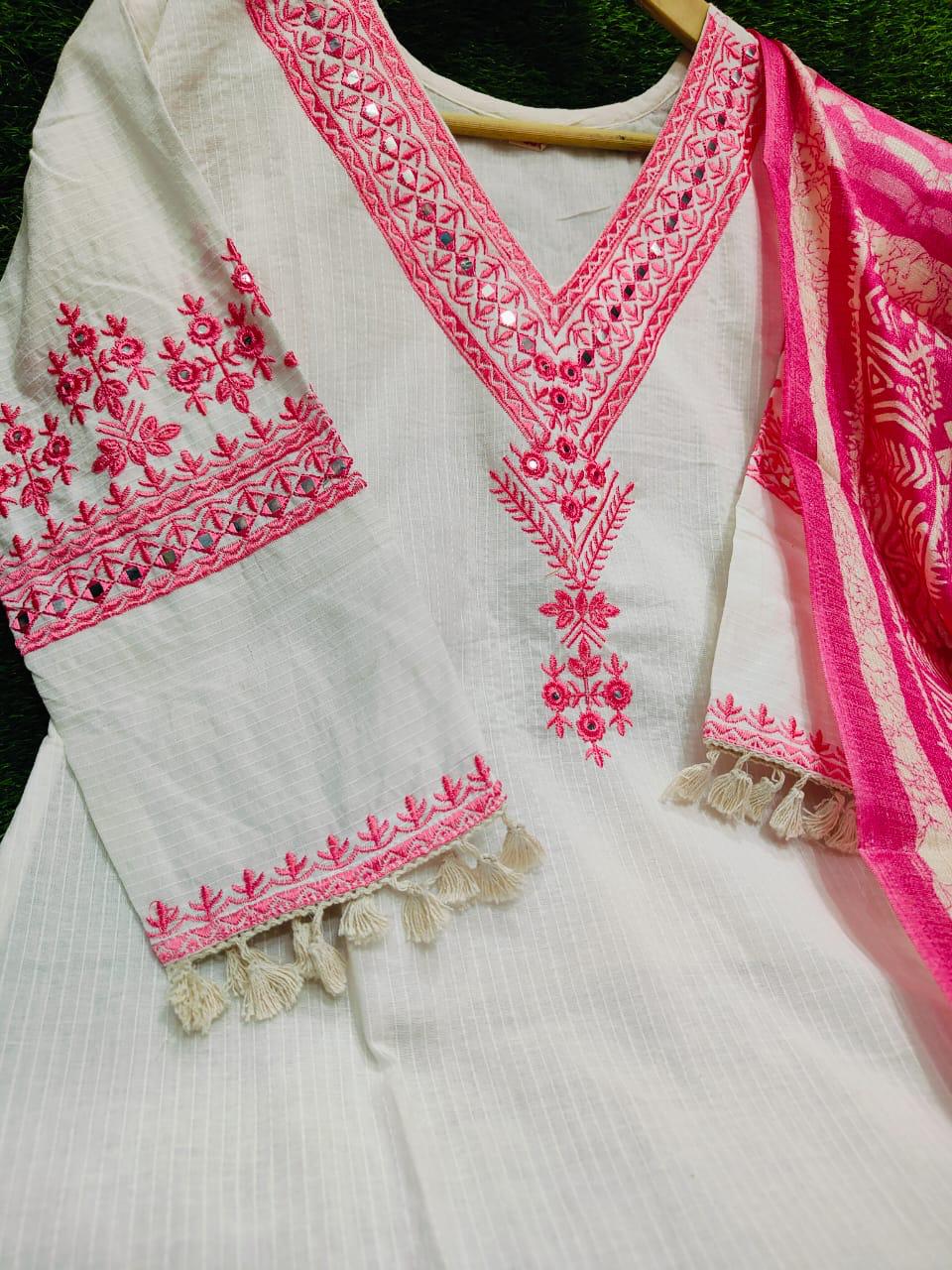 White Handloom Cotton Embroidered Kurta Set