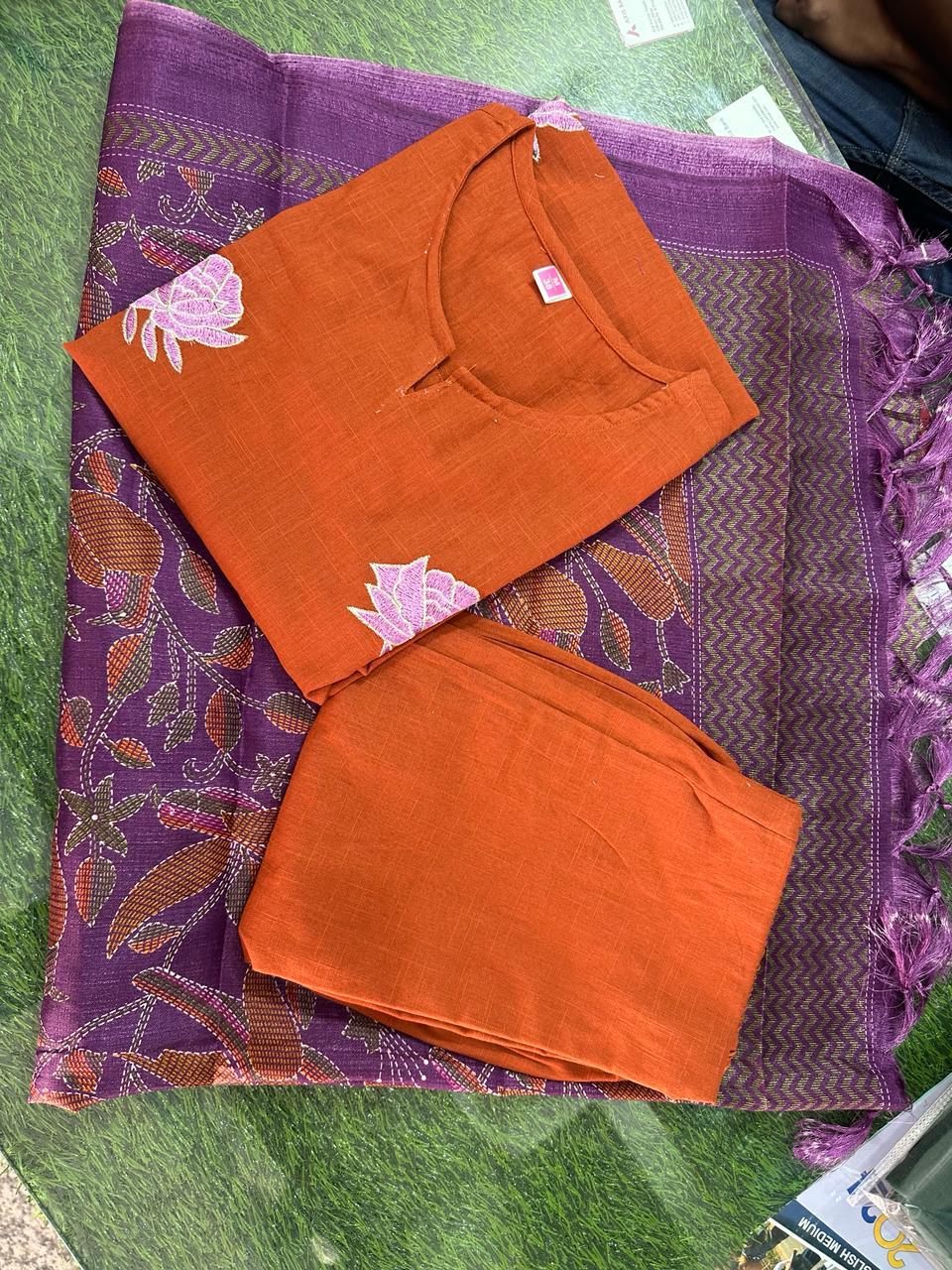 Rust Orange Khadi Embroidered Kurta Set