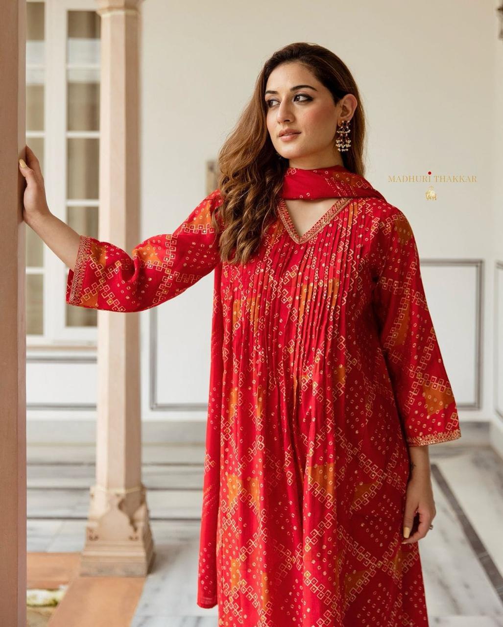 Red Pintucks Kurta Set with Dupatta