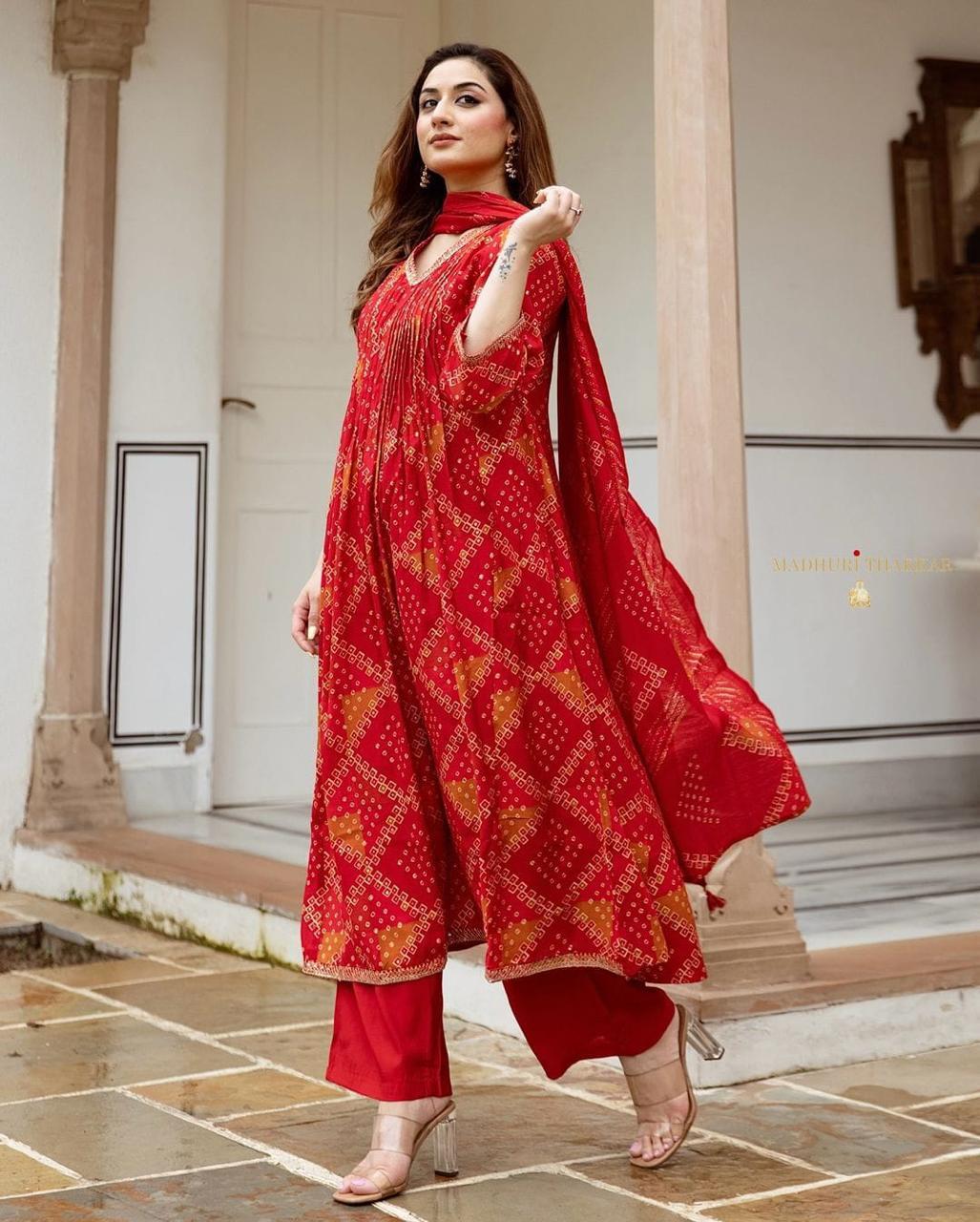 Red Pintucks Kurta Set with Dupatta
