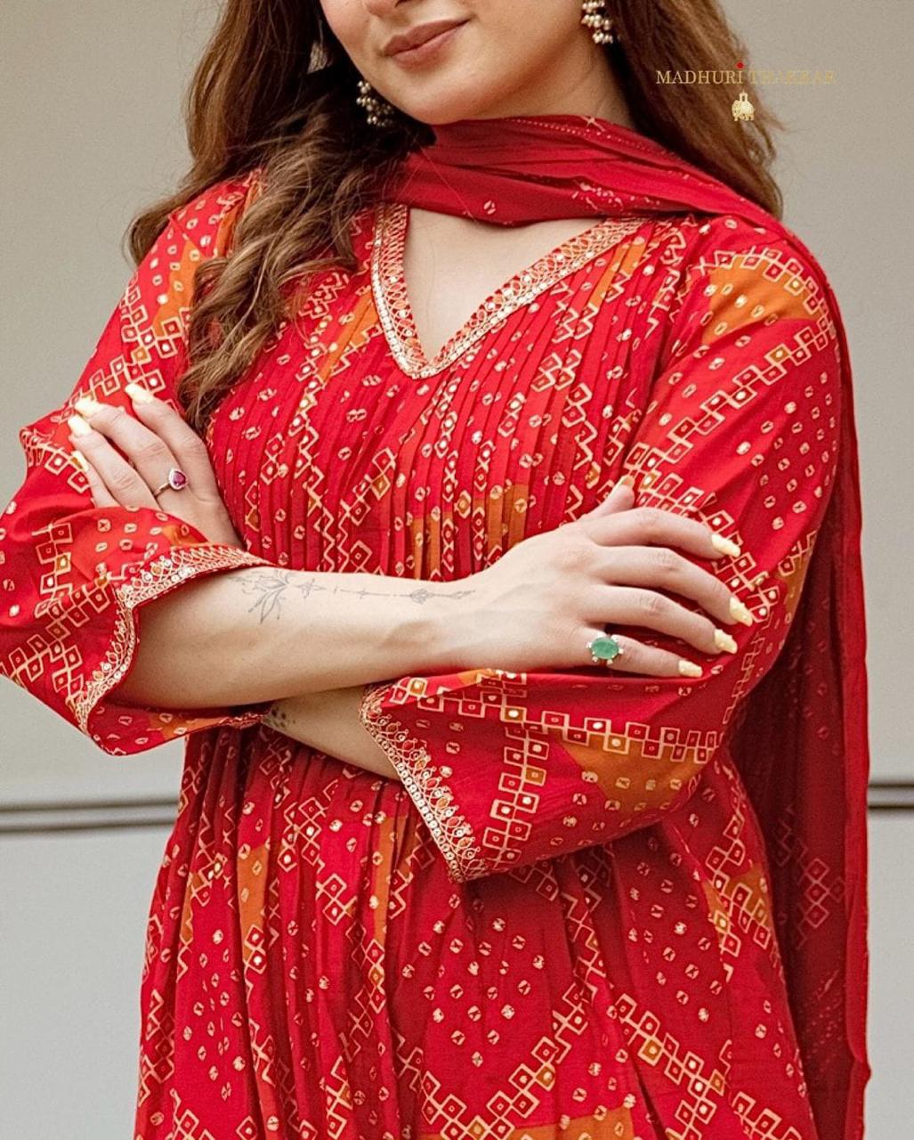 Red Pintucks Kurta Set with Dupatta