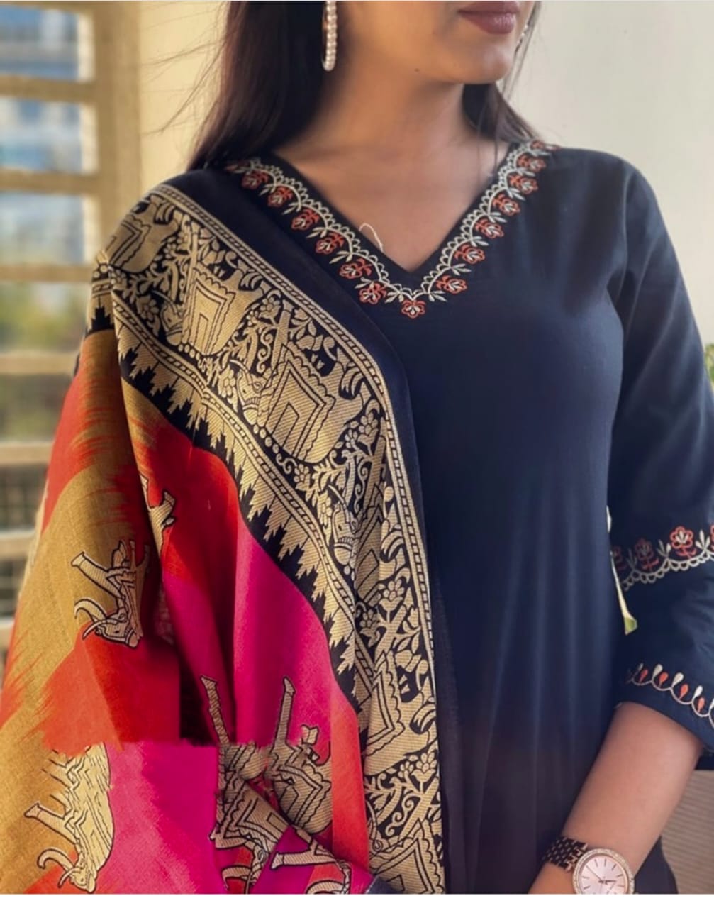 Black Handloom Cotton Kurta Set