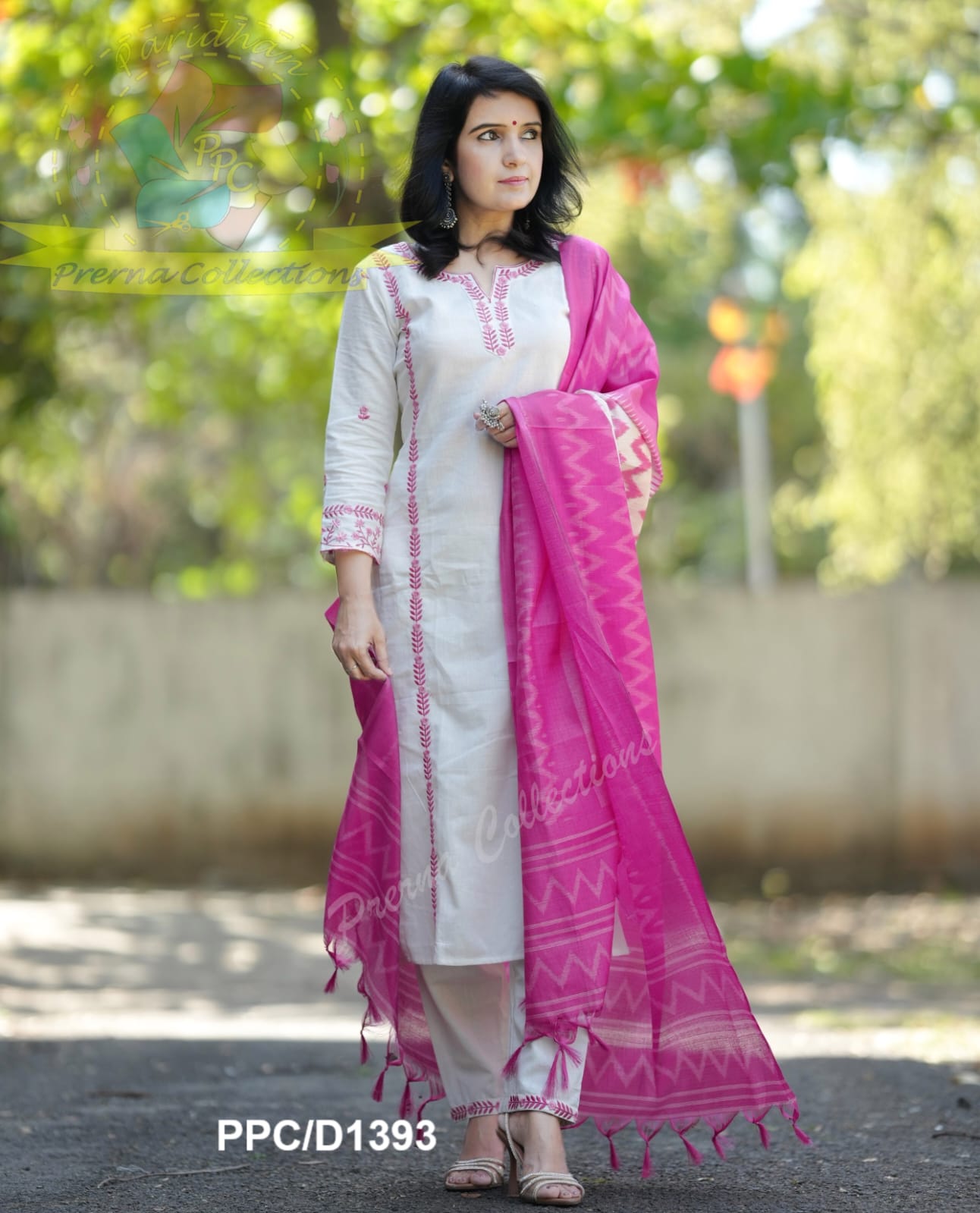White and Pink Embroidered Khadi Cotton Kurta Set
