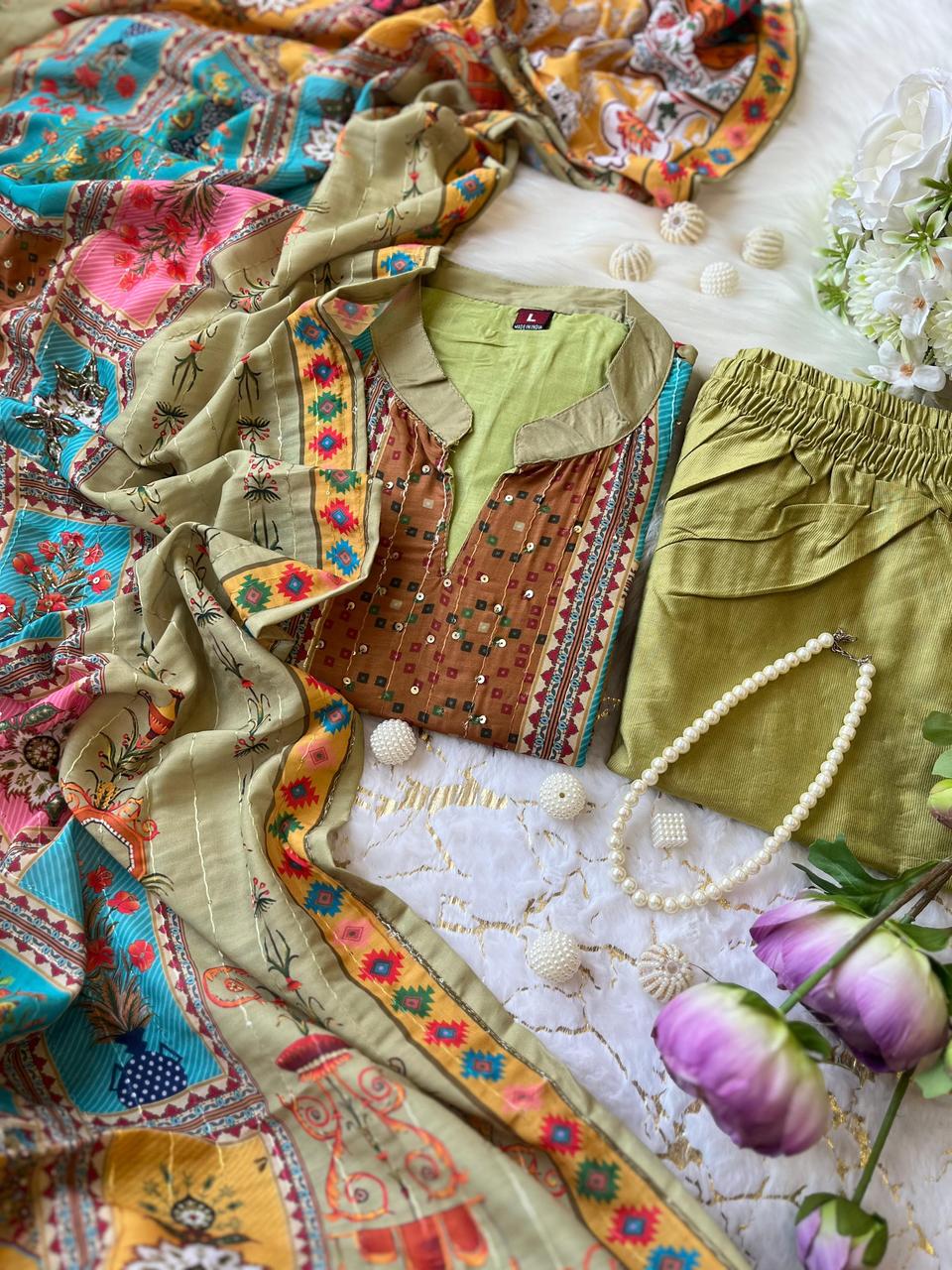 Green Kantha Patchwork Style Pure Cotton Kurta Set