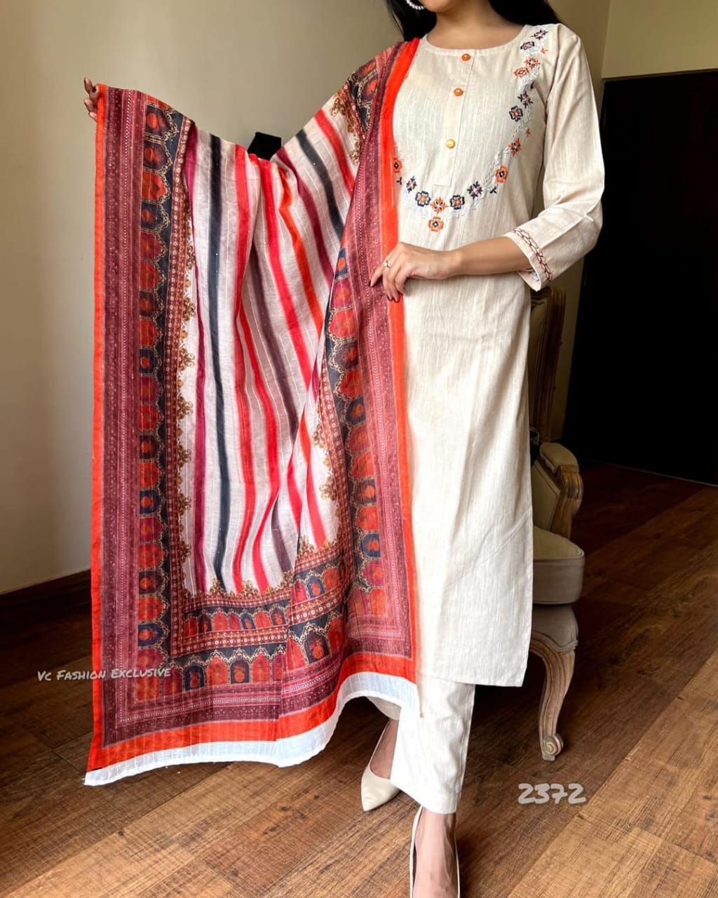 White and Red Khadi Cotton Kurta Set