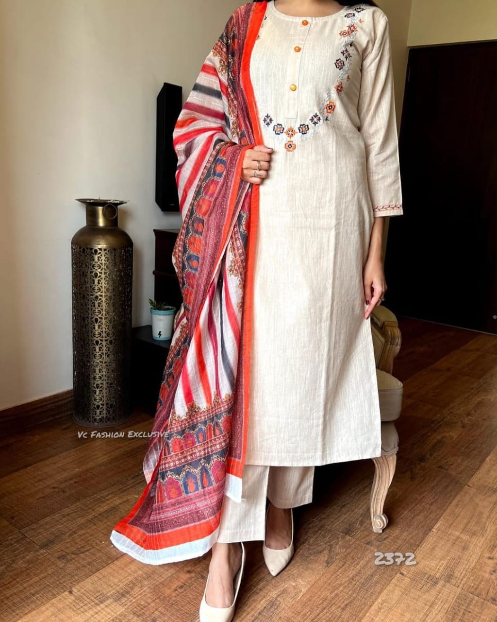 White and Red Khadi Cotton Kurta Set