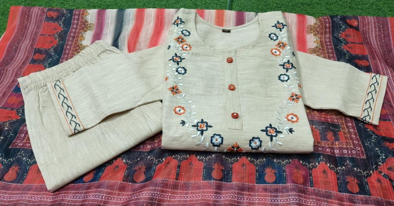 White and Red Khadi Cotton Kurta Set