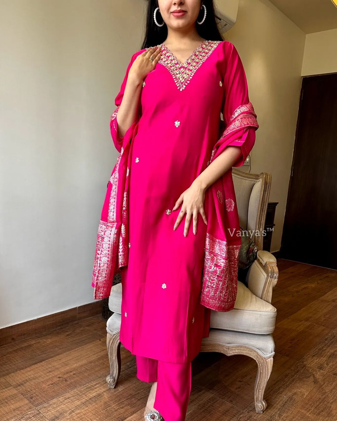 Rani Pink Embroidered Kurta Set