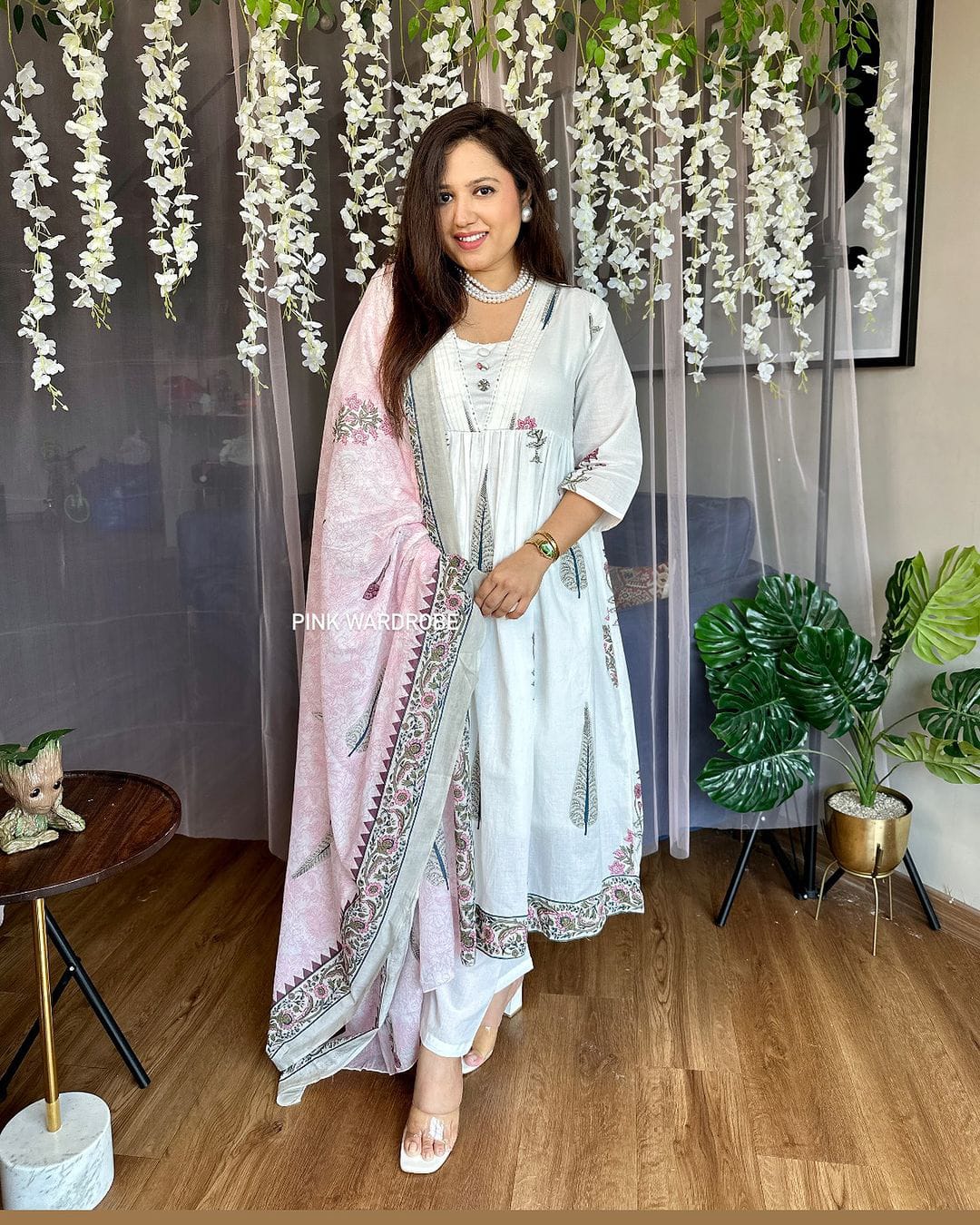 White and Pink HandBlock Printed Kurta Set