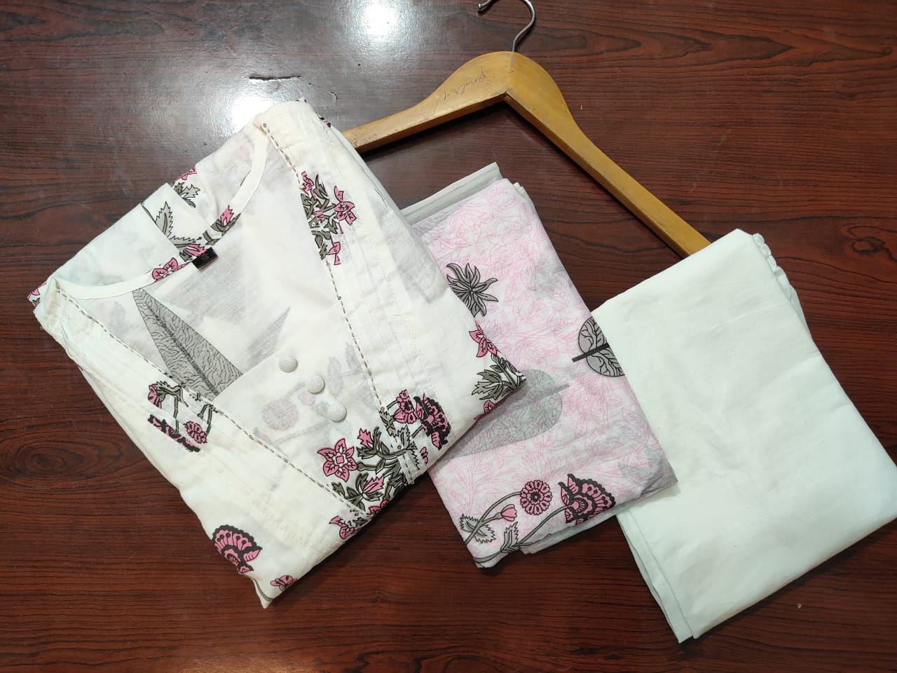 White and Pink HandBlock Printed Kurta Set