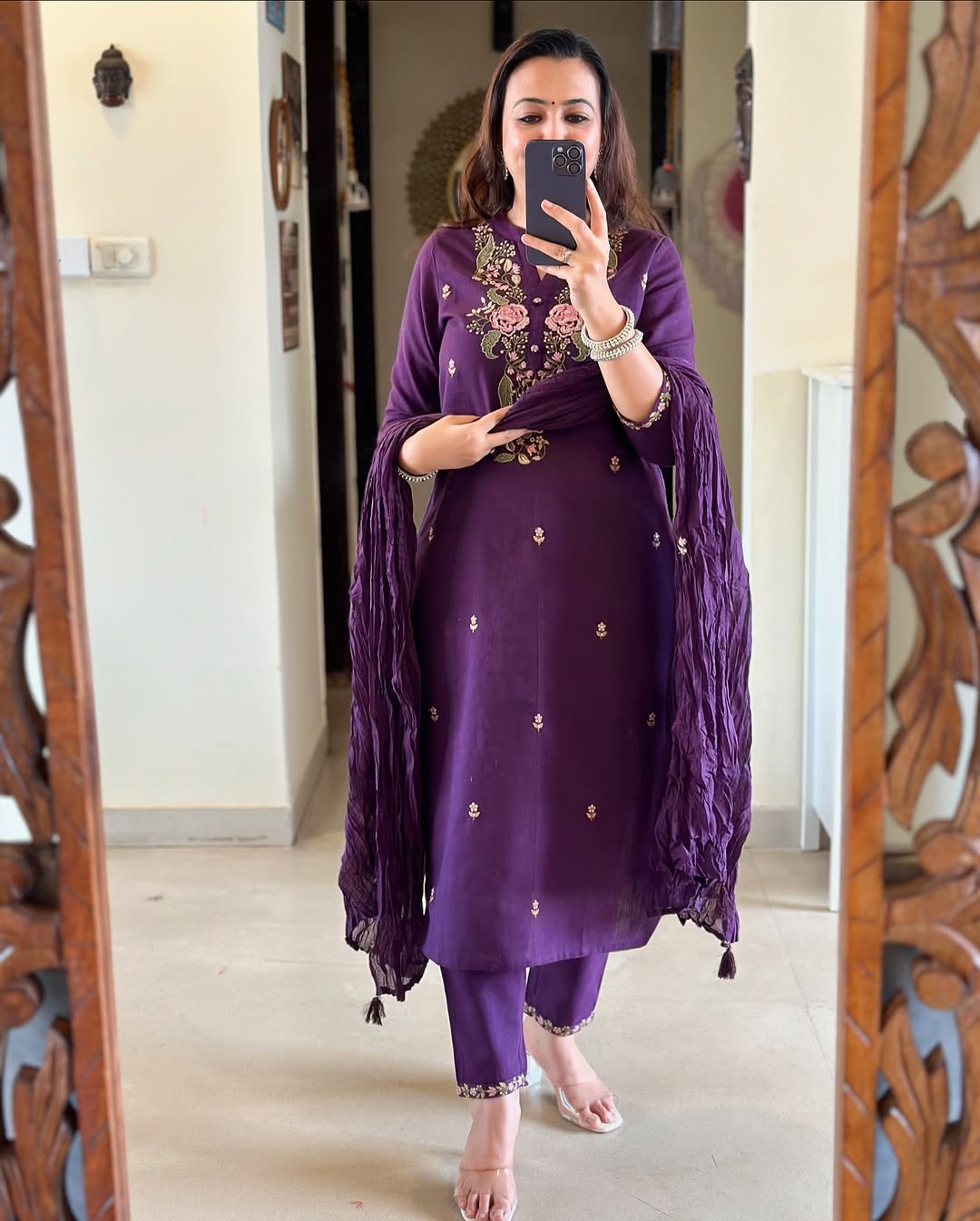 Purple Cotton Embroidered Kurta Set