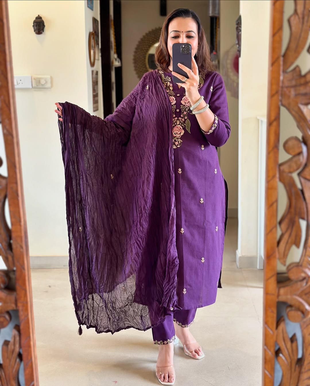 Purple Cotton Embroidered Kurta Set