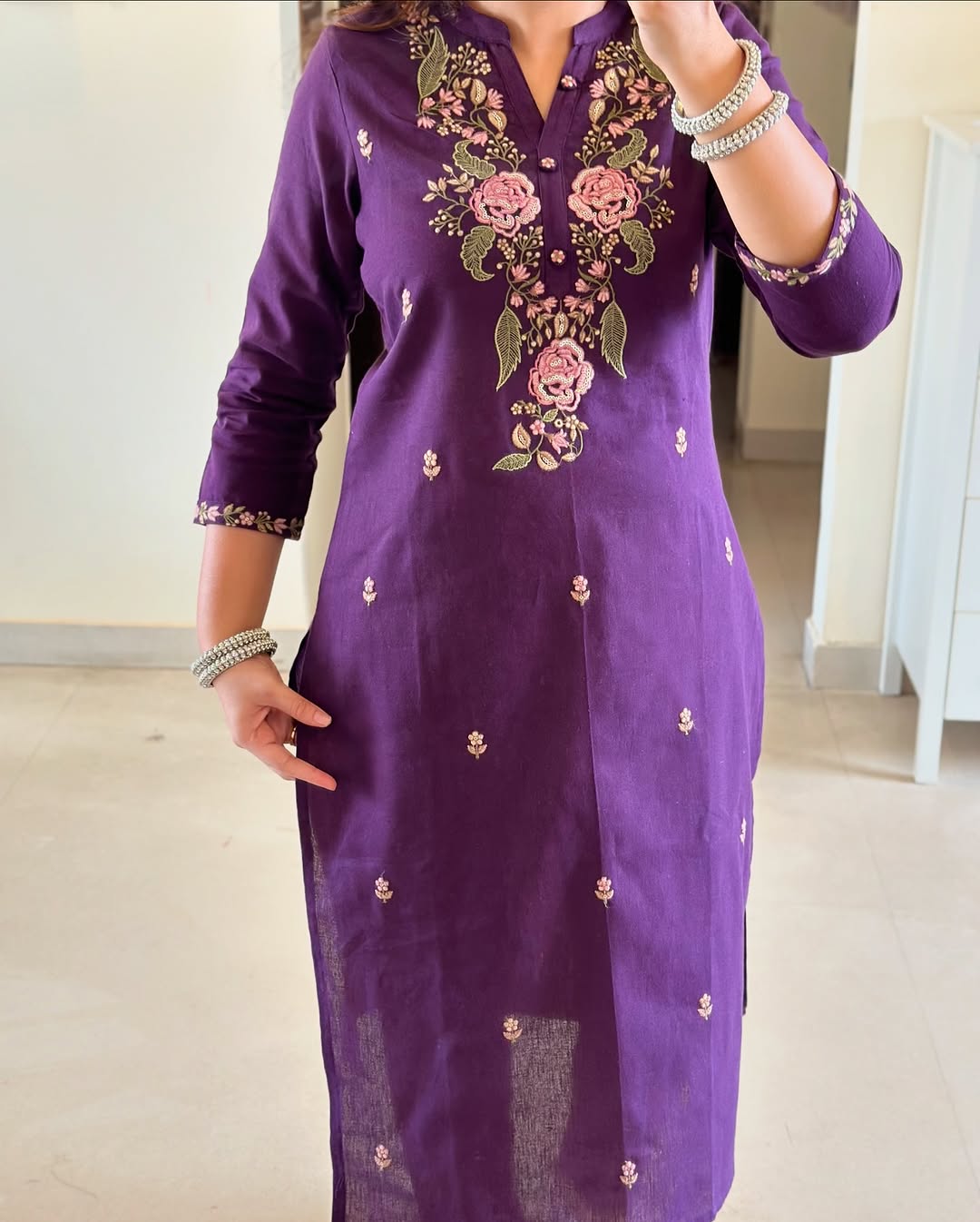 Purple Cotton Embroidered Kurta Set