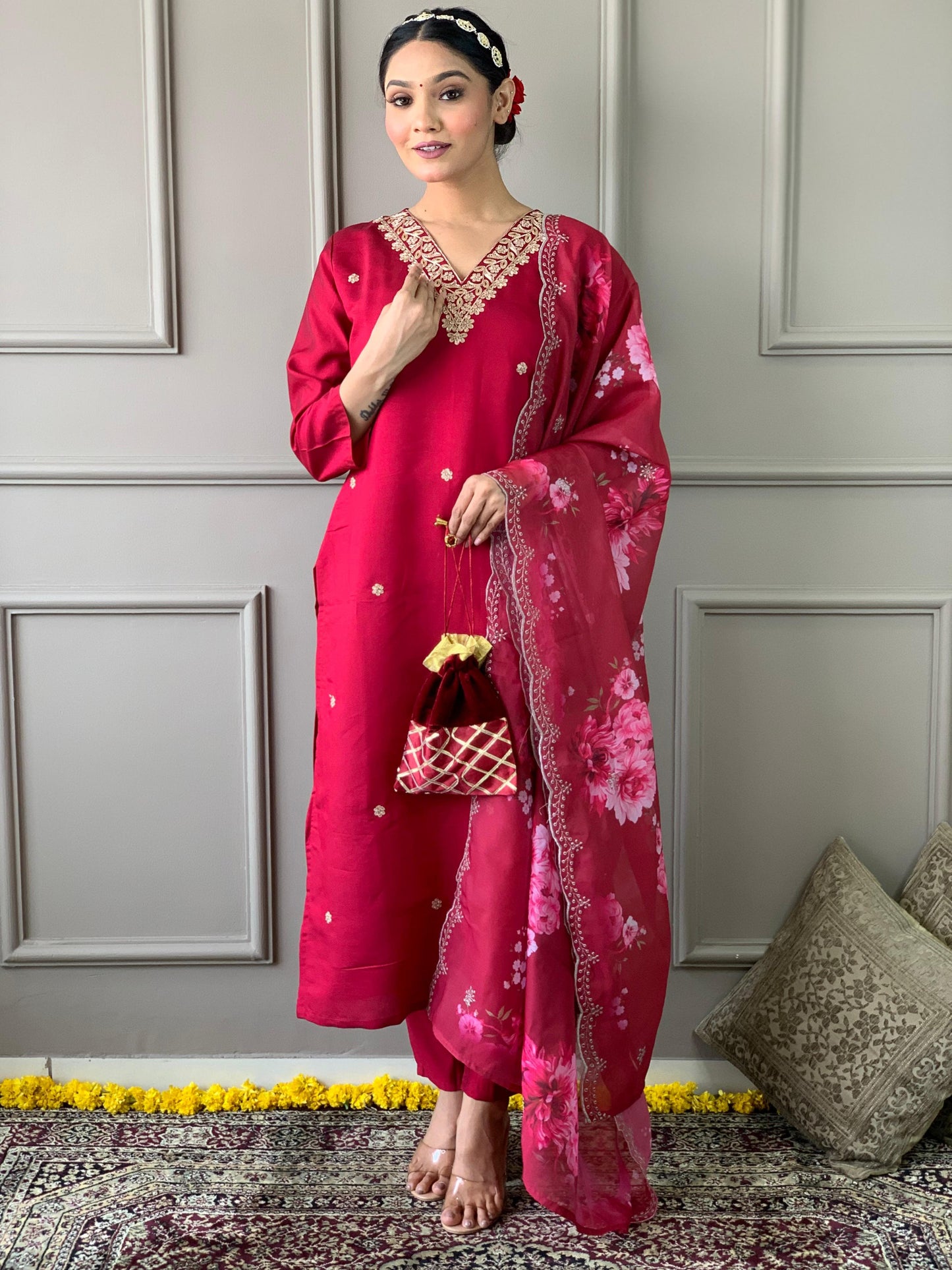 Red Embroidered Kurta Set