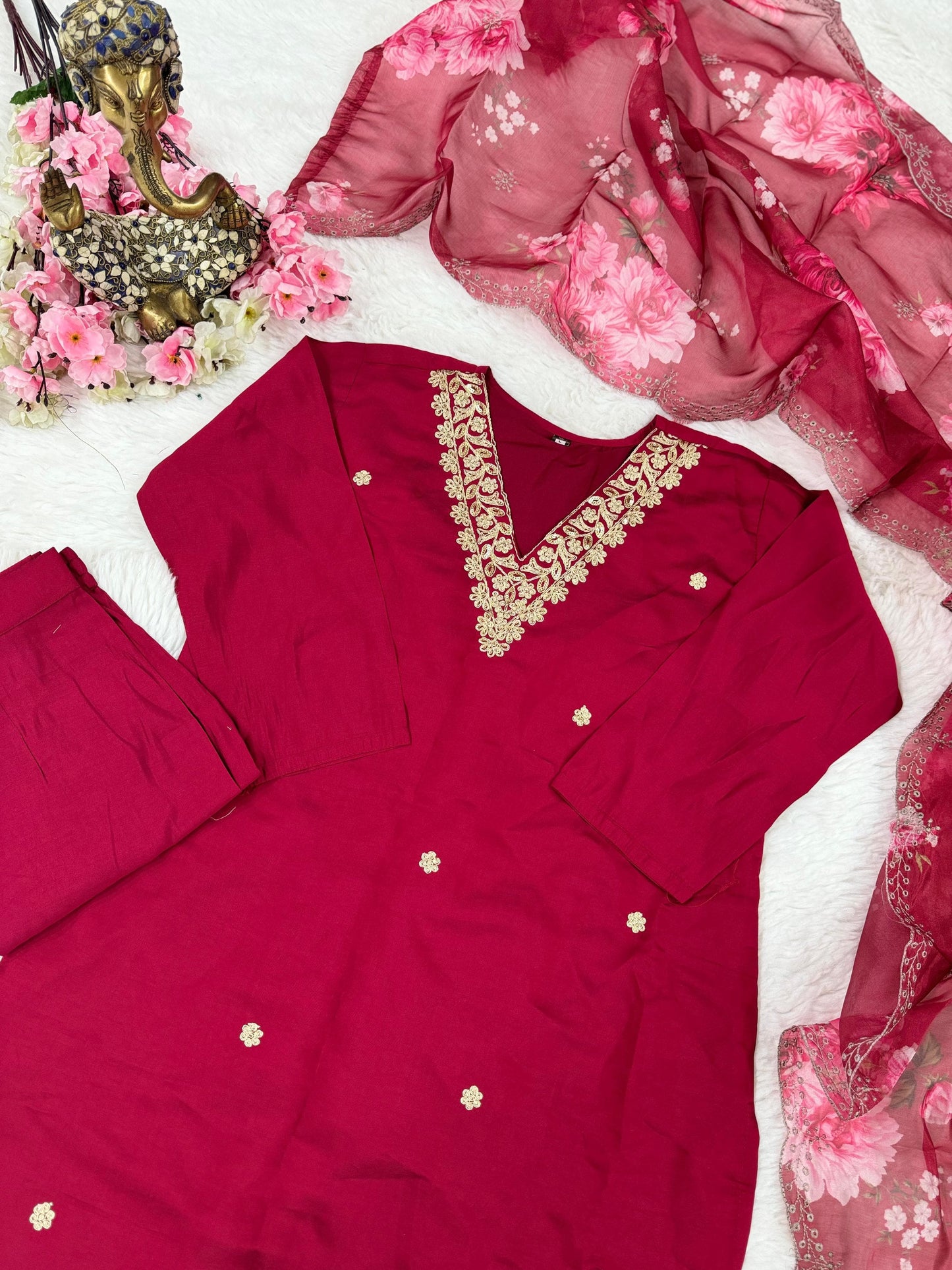 Red Embroidered Kurta Set