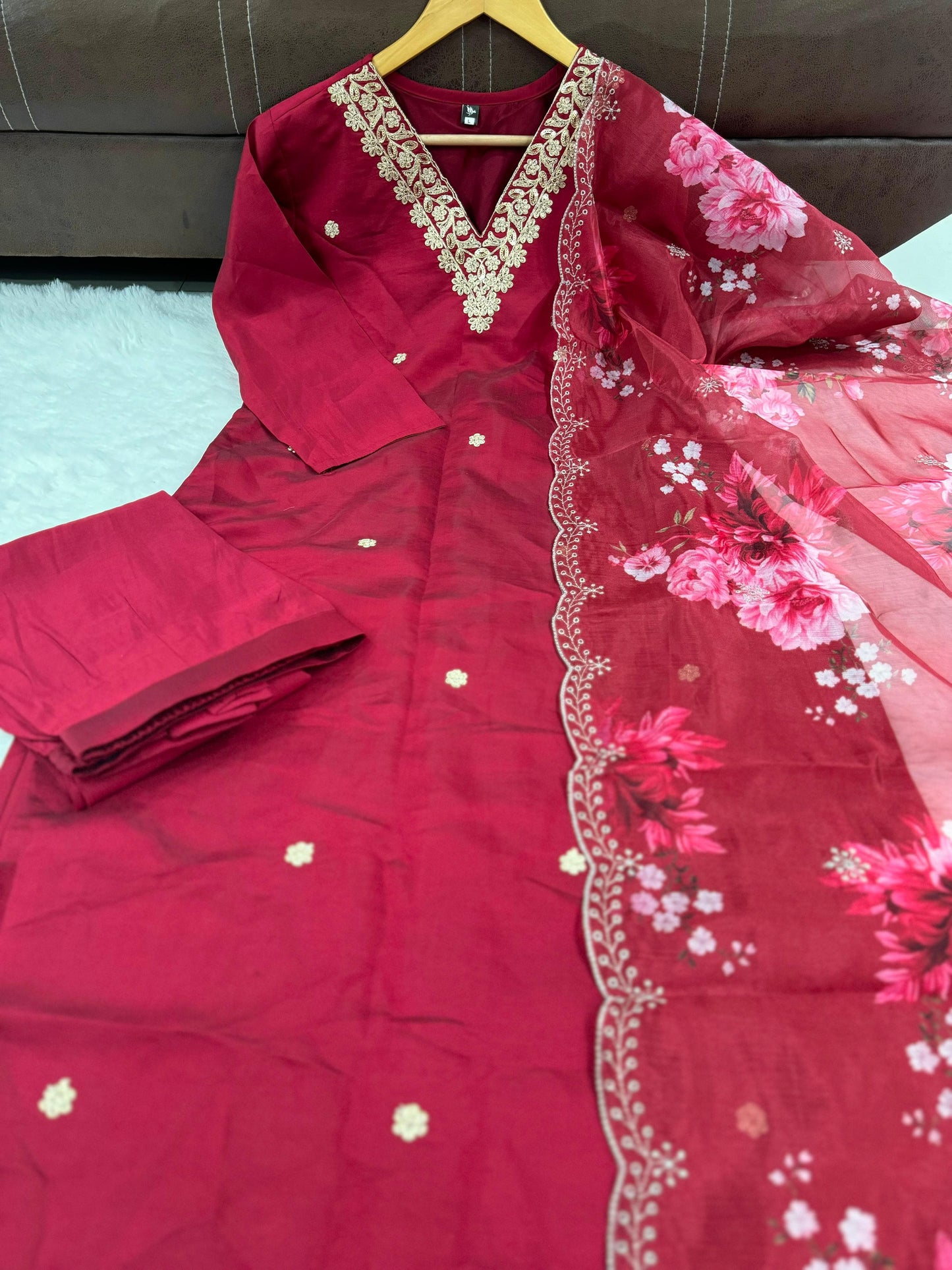 Red Embroidered Kurta Set