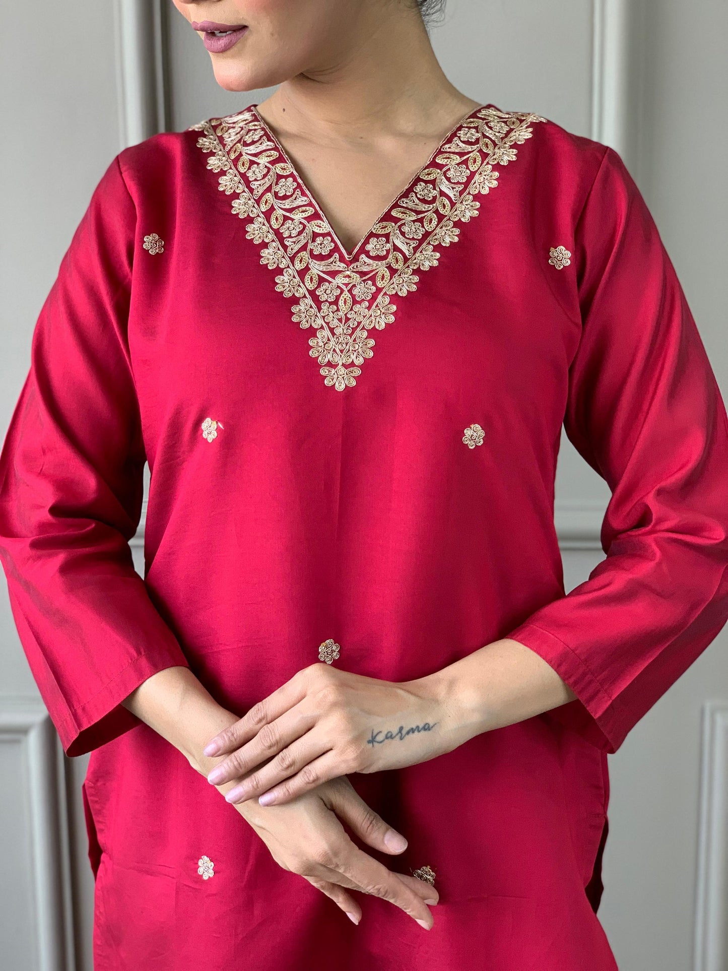 Red Embroidered Kurta Set