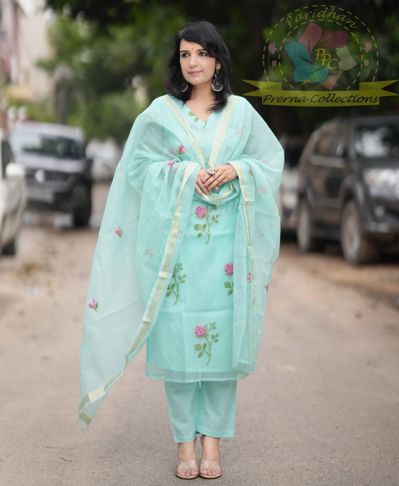 Pastel Blue Embroidered Kota Doria Kurta Set