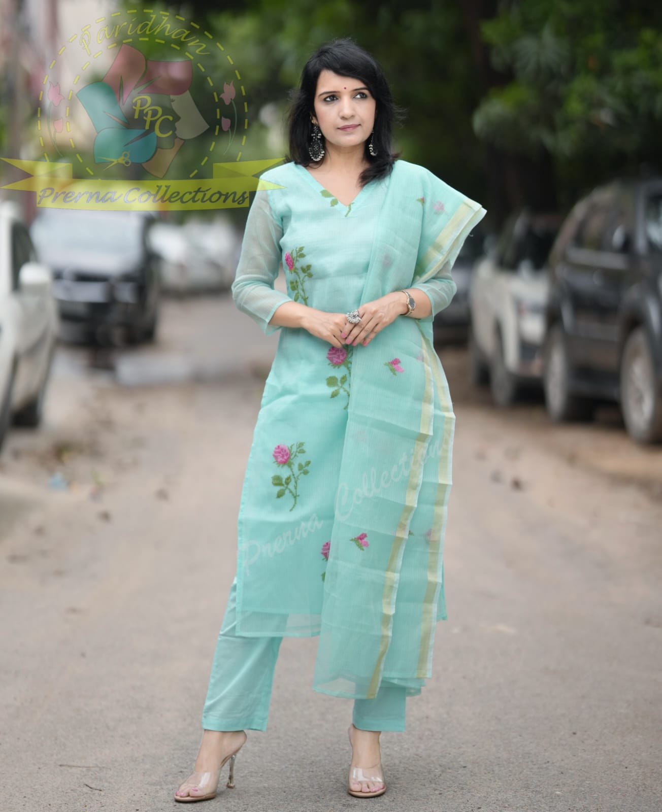Pastel Blue Embroidered Kota Doria Kurta Set
