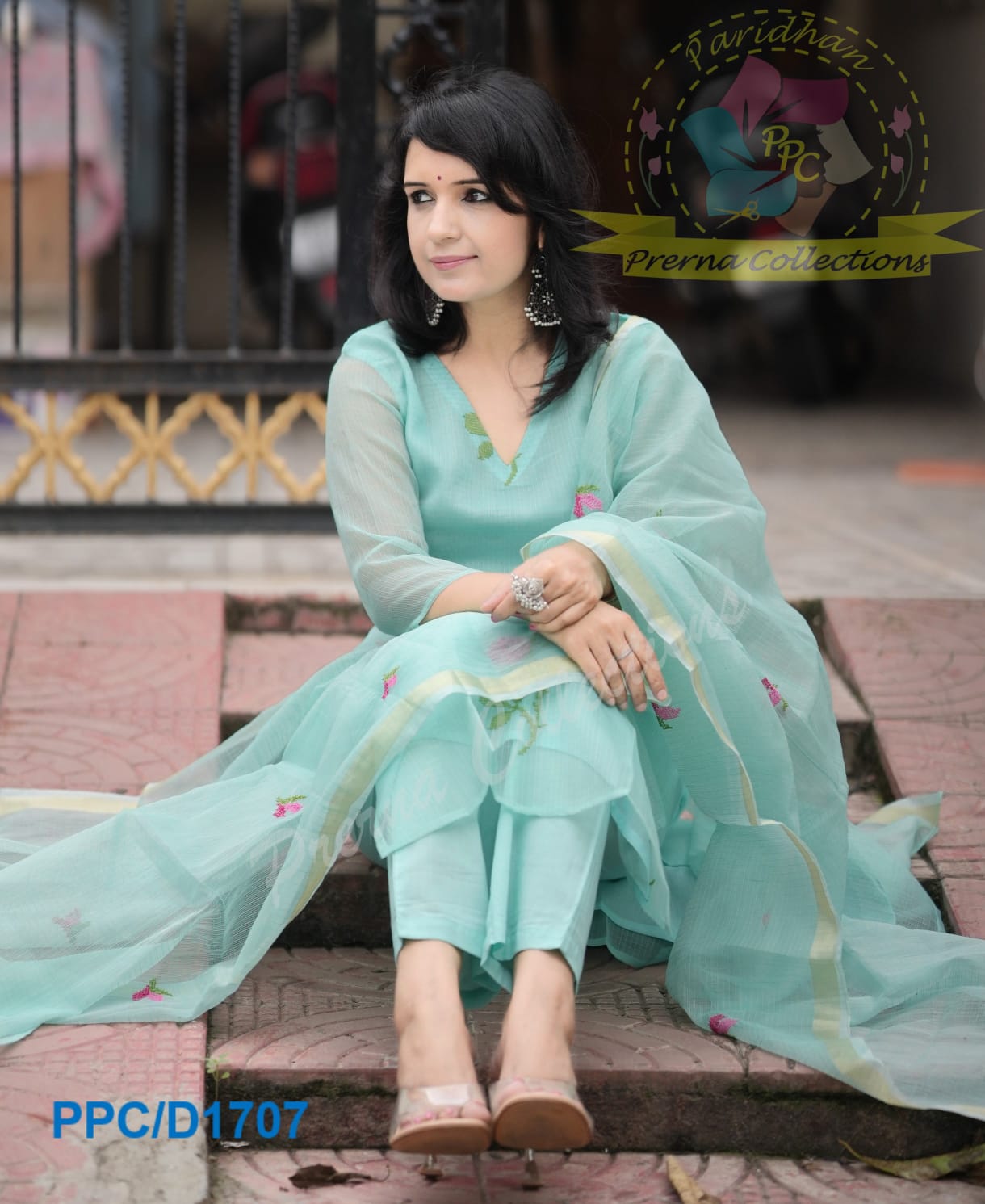 Pastel Blue Embroidered Kota Doria Kurta Set