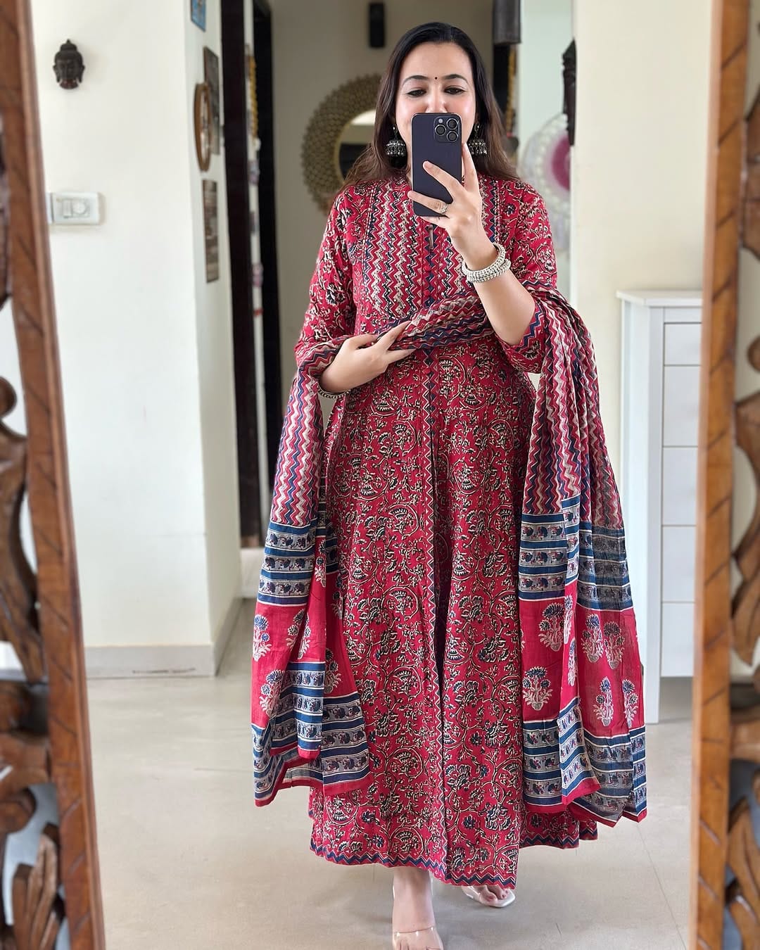 Red and Blue Double Layered Block Printed Kurta Set
