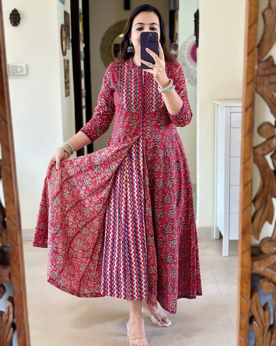 Red and Blue Double Layered Block Printed Kurta Set