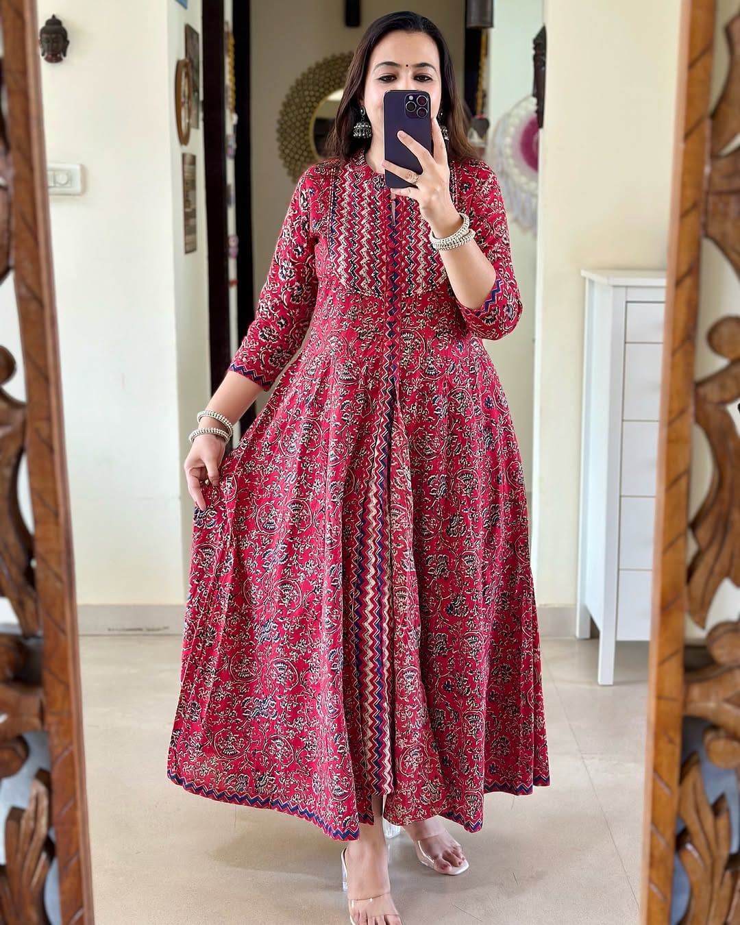 Red and Blue Double Layered Block Printed Kurta Set