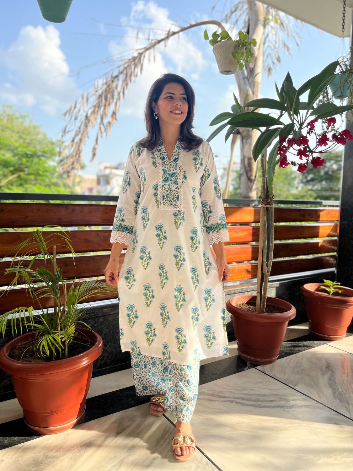 Block Printed Lace Kurta Pants Set