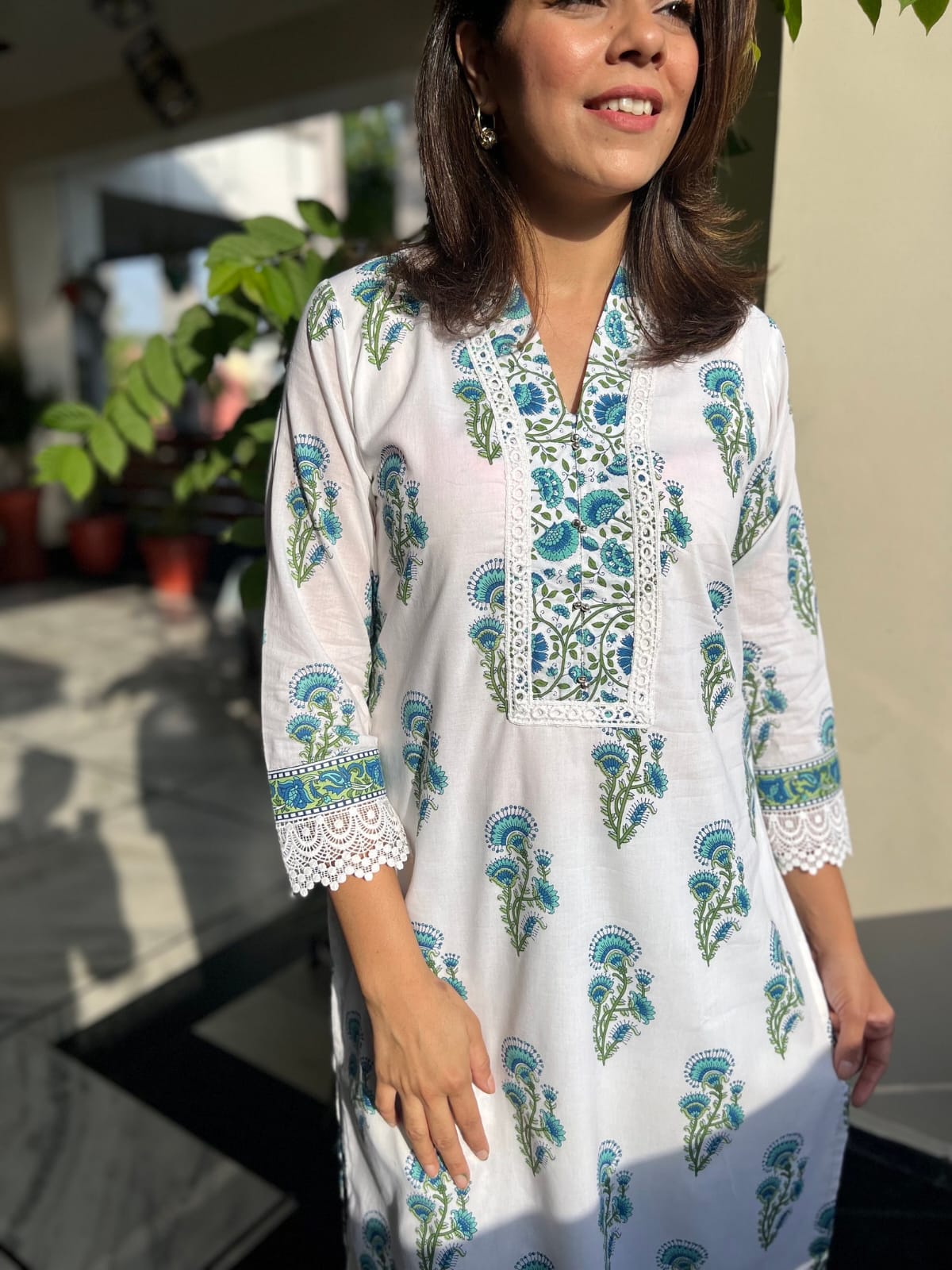 Block Printed Lace Kurta Pants Set