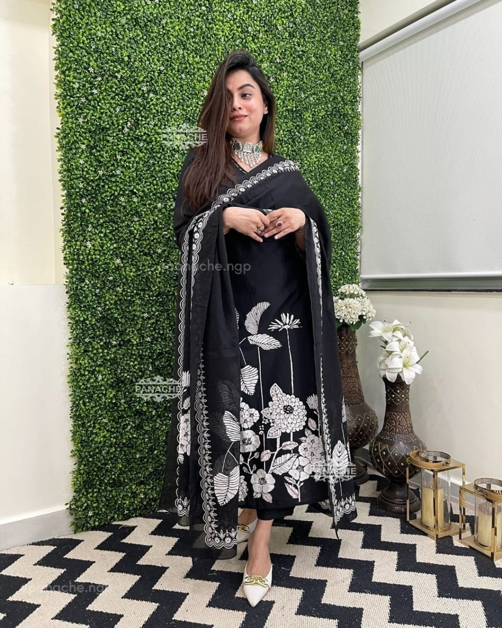 Black and White Printed Kurta Set