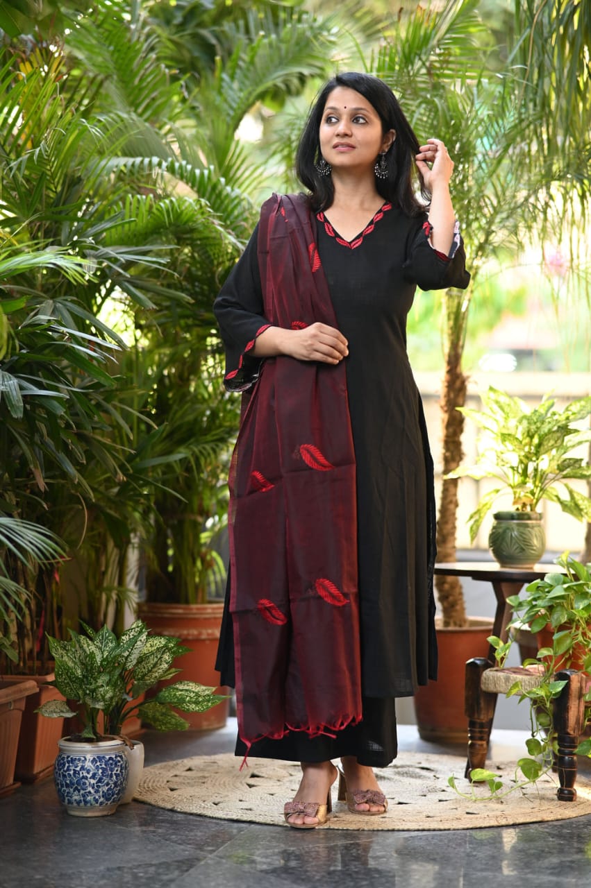 Black and Red Cotton Embroidered Kurta Set