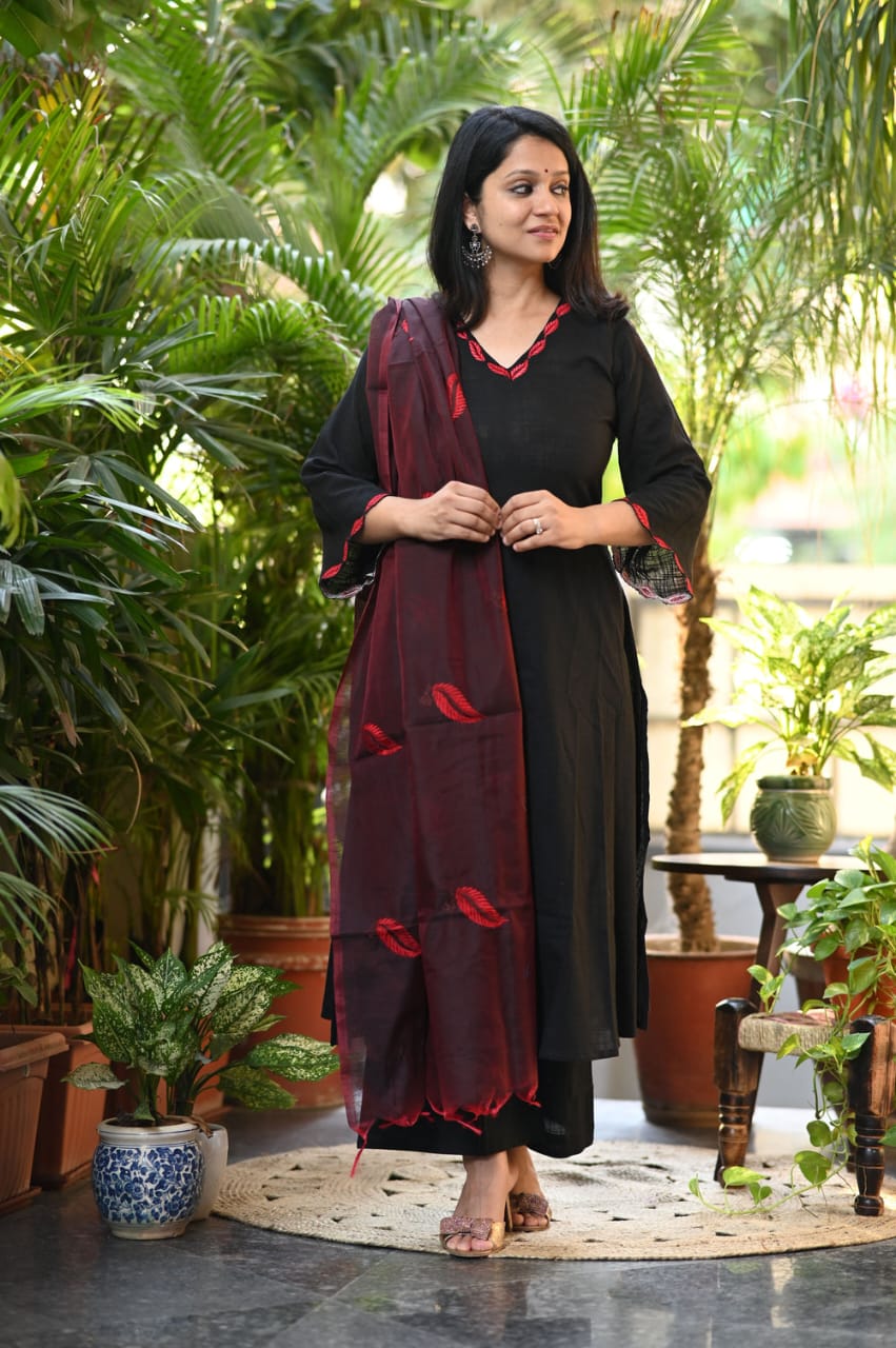 Black and Red Cotton Embroidered Kurta Set