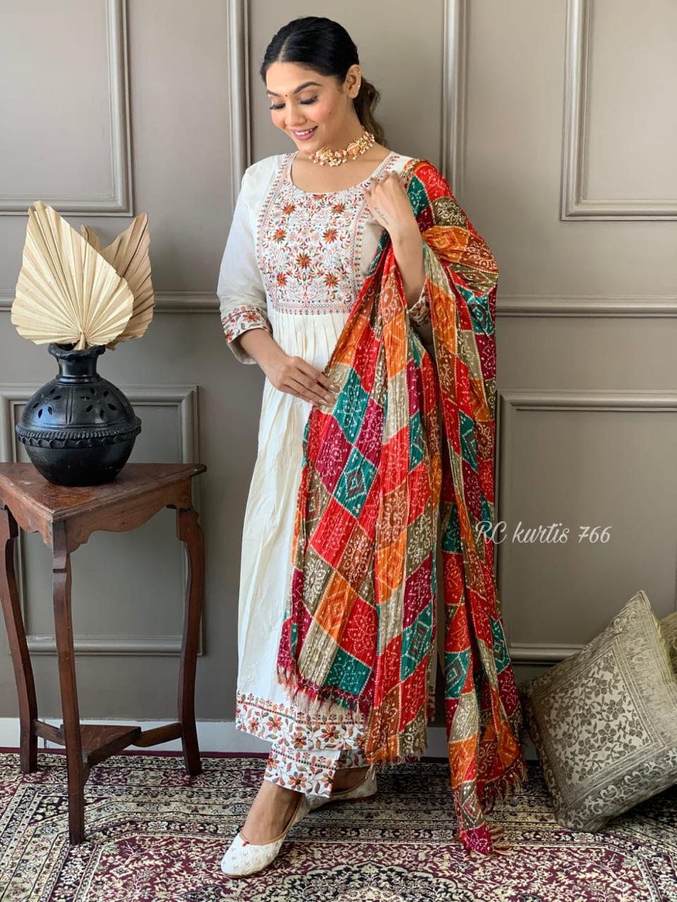 White Multicoloured Embroidered Kurta Set with dupatta