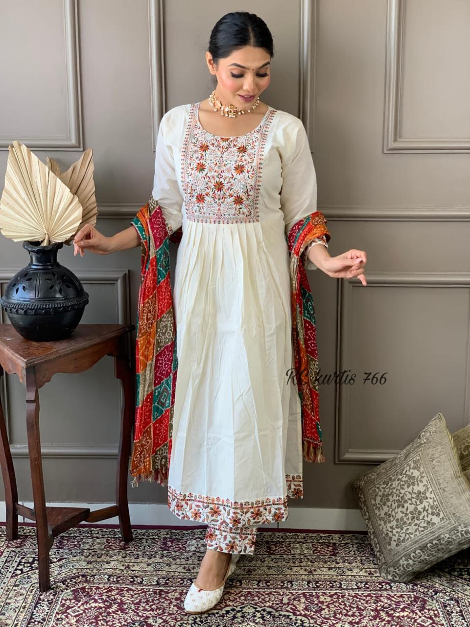 White Multicoloured Embroidered Kurta Set with dupatta
