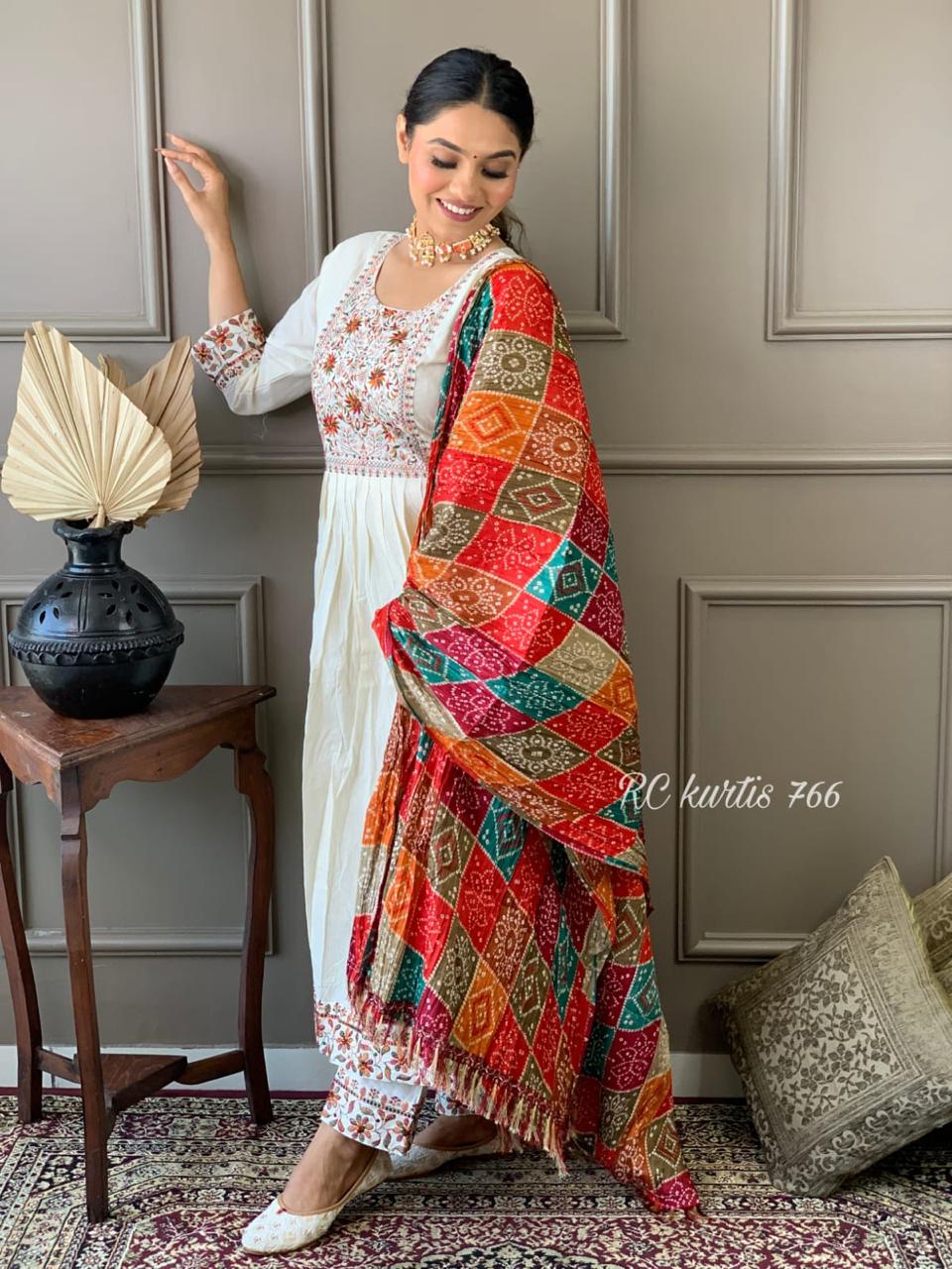 White Multicoloured Embroidered Kurta Set with dupatta