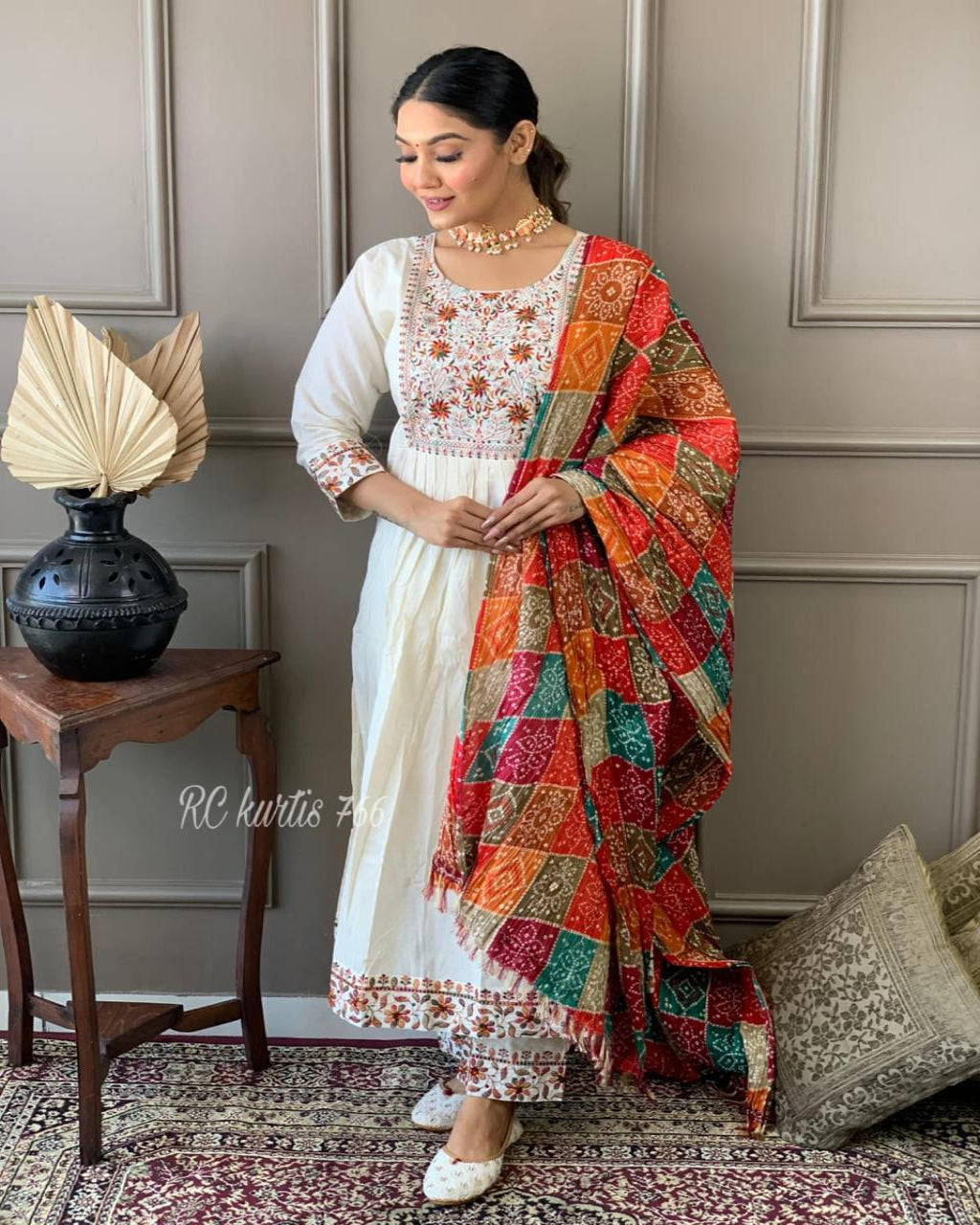 White Multicoloured Embroidered Kurta Set with dupatta