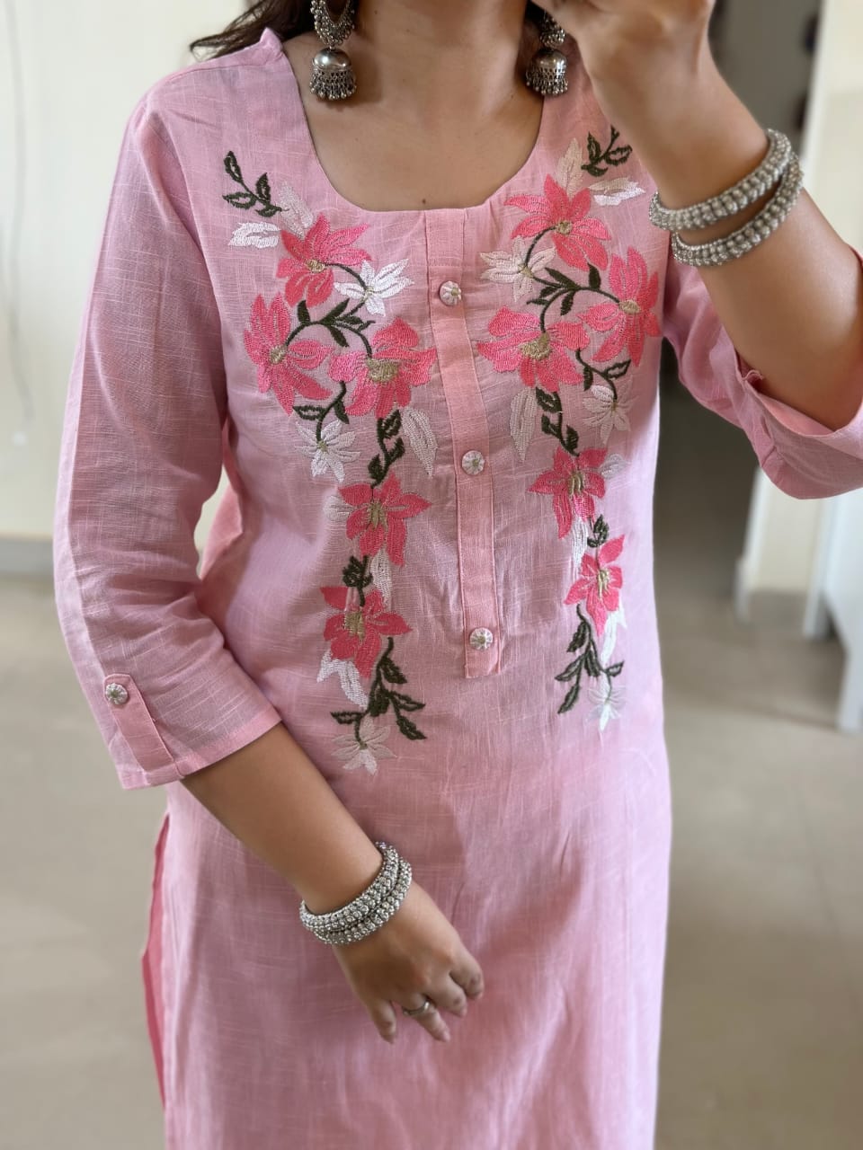 Pink Embroidered Cotton Kurta Set