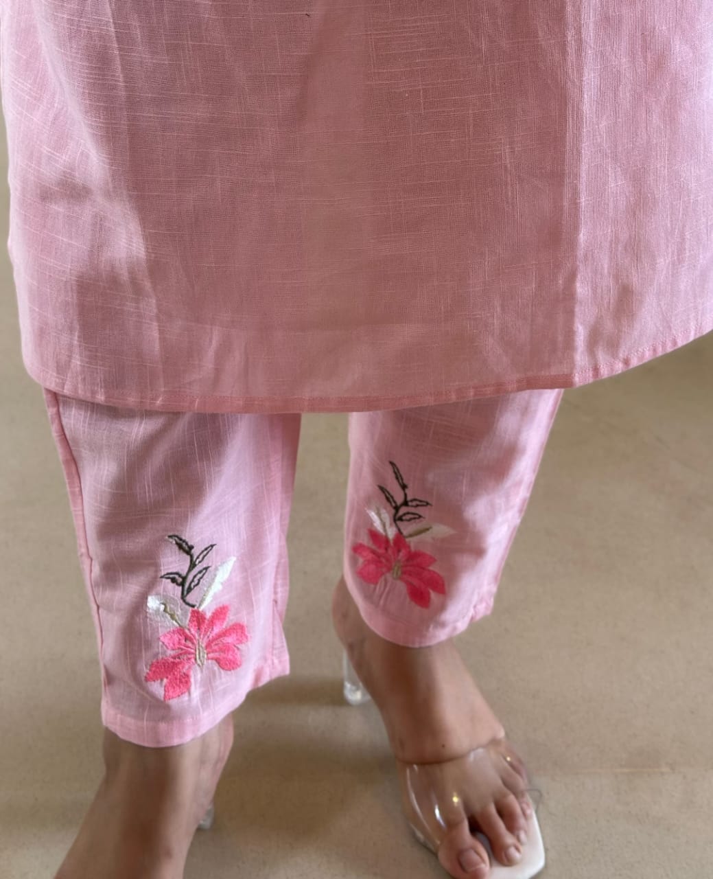 Pink Embroidered Cotton Kurta Set