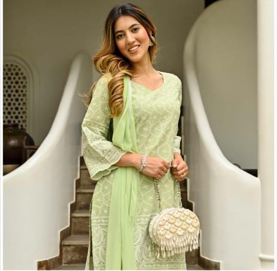 Green Chikankari Kurta Pants Set