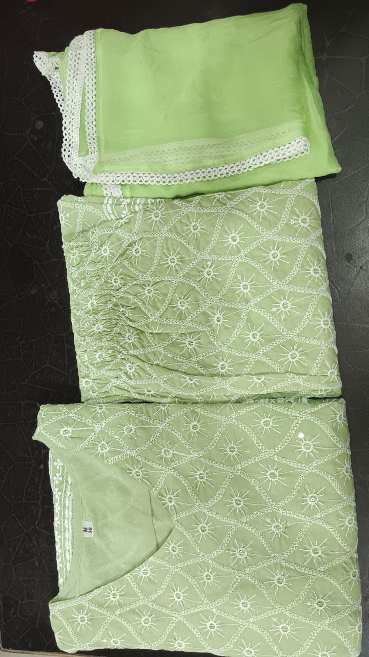 Green Chikankari Kurta Pants Set